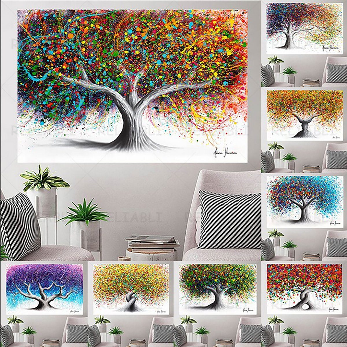 TPFLiving Kunstdruck (OHNE RAHMEN) Poster - Leinwand - Wandbild, Baum - Abstrakte Bäume in vielen bunten Farben (Leinwand Wohnzimmer, Leinwand Bilder, Kunstdruck), Leinwand bunt - Größe 60x90cm