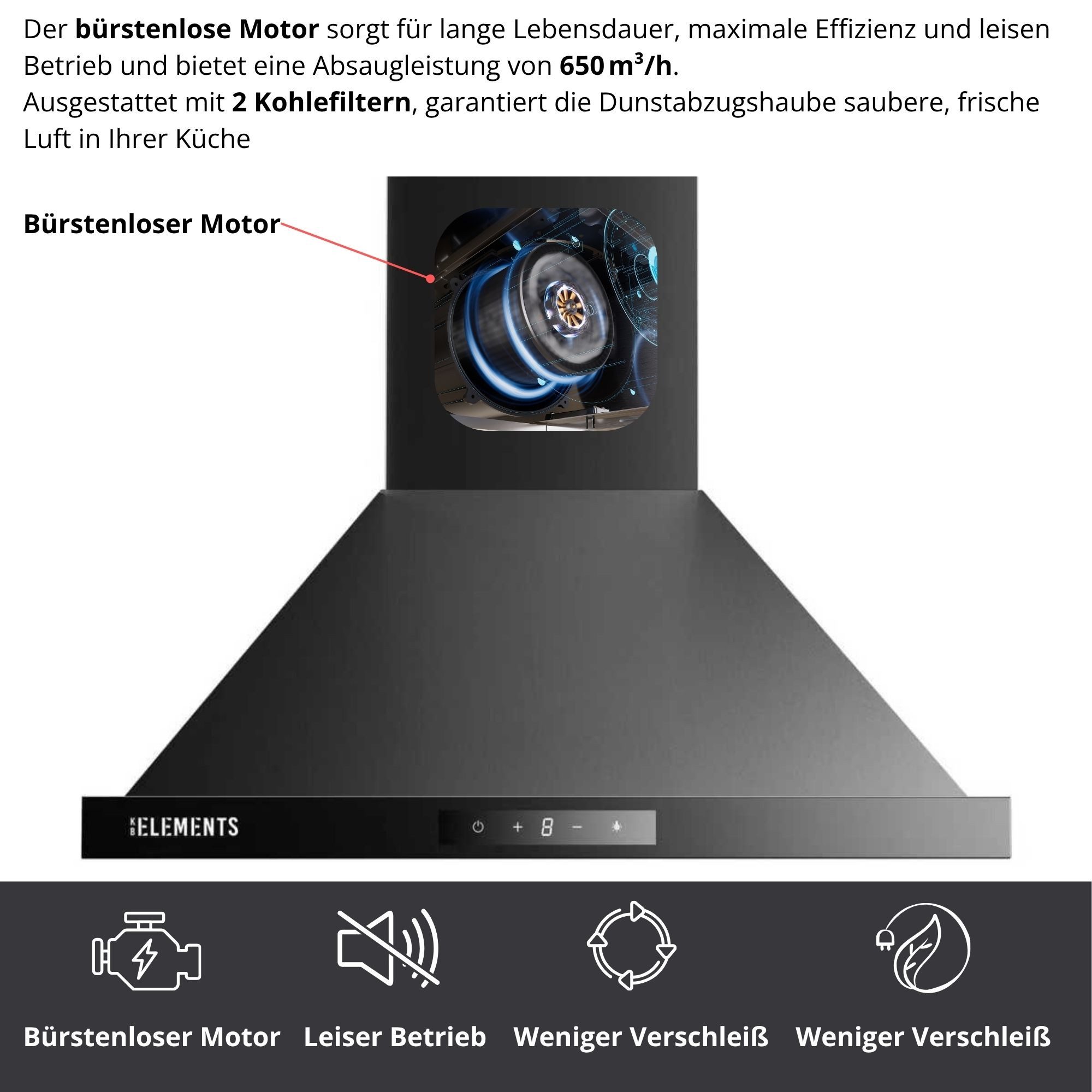 KB Elements Wandhaube Brushless-Motor, 650 m³/h Absaugleistung Brushless-Motor, 650 m³/h Absaugleistung, Brushless-Motor mit 2 Aktivkohlefilter, Touch / Gestensteuerung