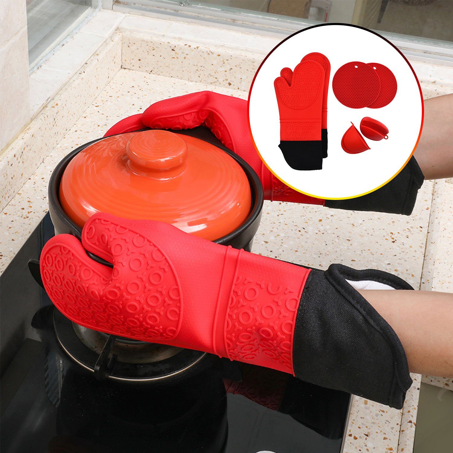 MAGICSHE Topfhandschuhe Silikon Hitzebeständige Handschuhe, (6-tlg), Wasserdicht und Rutschfest Verdickte Rot