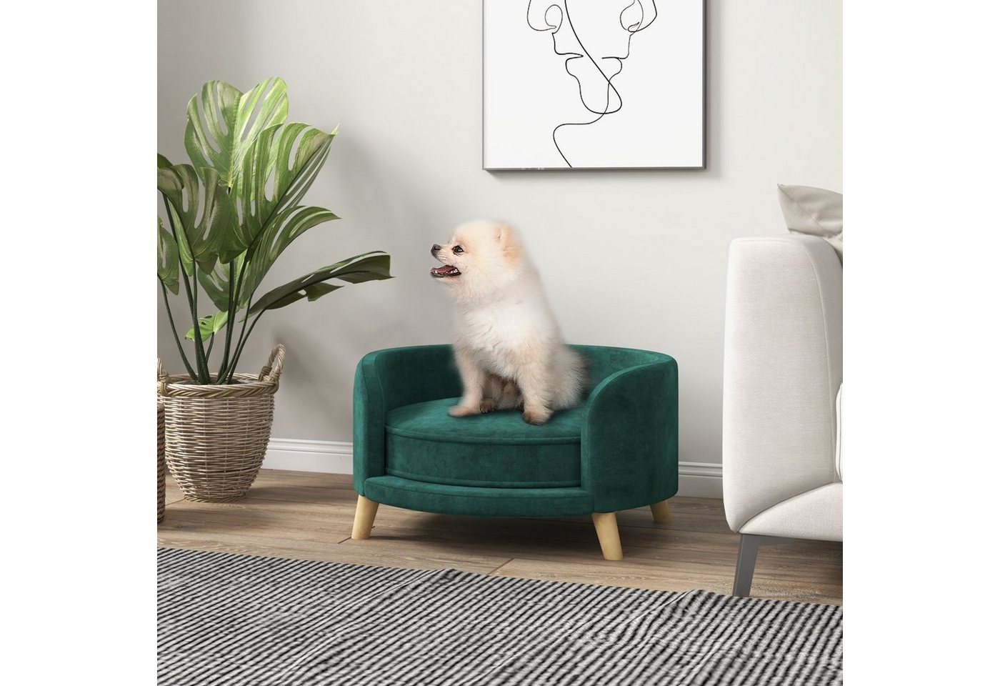 Thumbnail - PawHut Tierbett Hundesofa, Haustiersofa mit Samtoptik, Katzensofa mit Kissen, Samt, mit Holzbeine, Grün, 68 x 68 x 35 cm