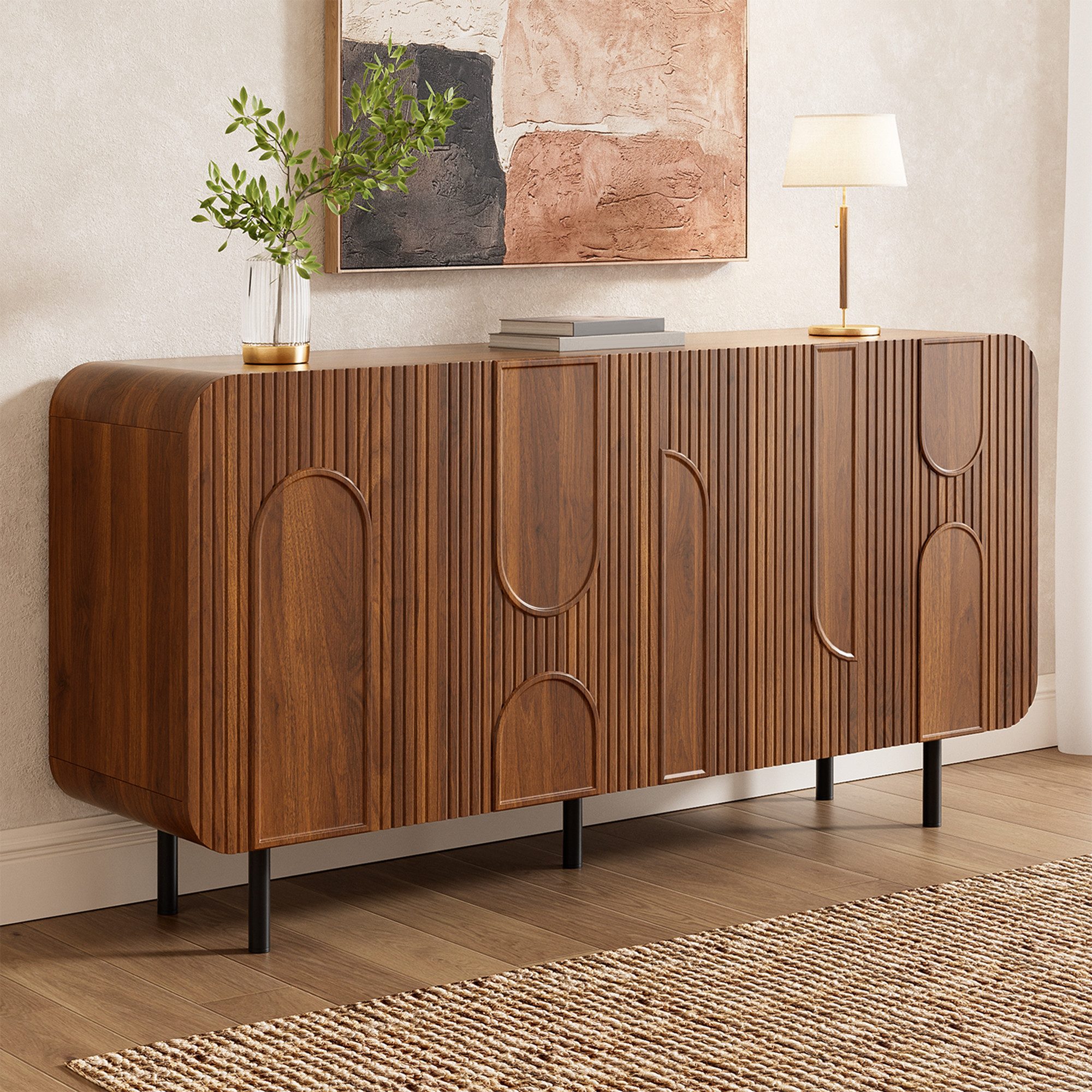 MODFU Sideboard Mid-Century, Nussbaum-Optik, 4 Türen, 8 Fächer 160x79x40 cm (Packung, 1 St., Verstellbare Einlegeböden, geometrische Halbkreisreliefs), Vertikale Rillen, abgerundete Ecken, Metallbeine