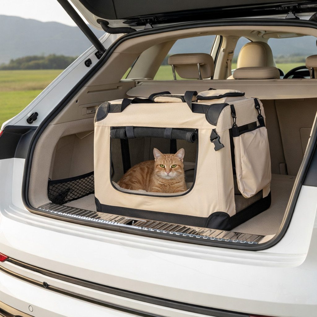 belviona Tiertransporttasche für Katzen, faltbar mit Mesh-Fenstern, 60x42x44 cm, beige bis 12 kg, leichte & stabile Katzentransportbox mit Innenkissen & Taschen