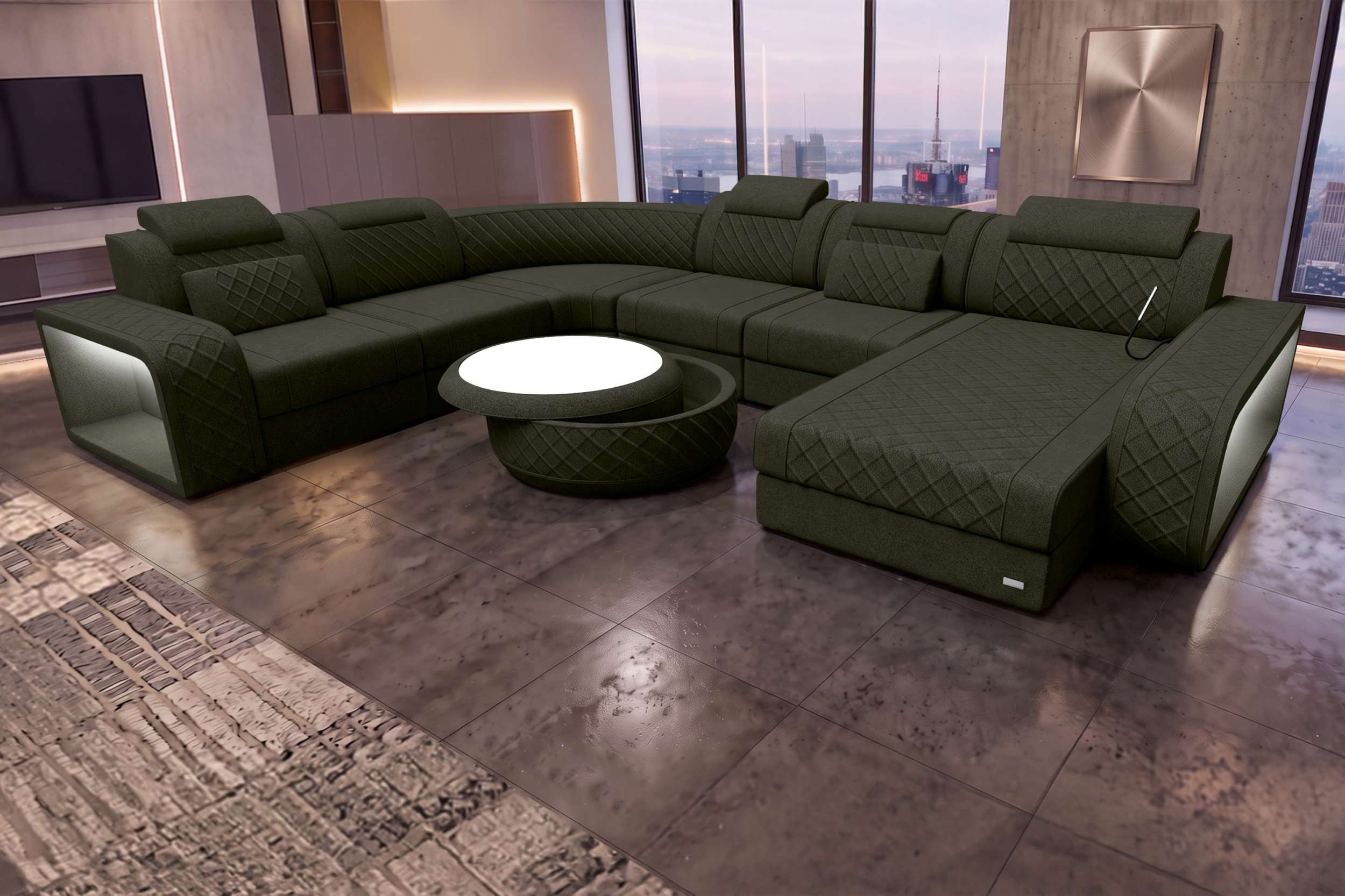 Sofa Dreams Wohnlandschaft XXL Wohnlandschaft Berlin Stoffsofa, Wohnlandschaft, U-Form, Polster Couch in U-Form mit LED, 2 Zierkissen inklusive