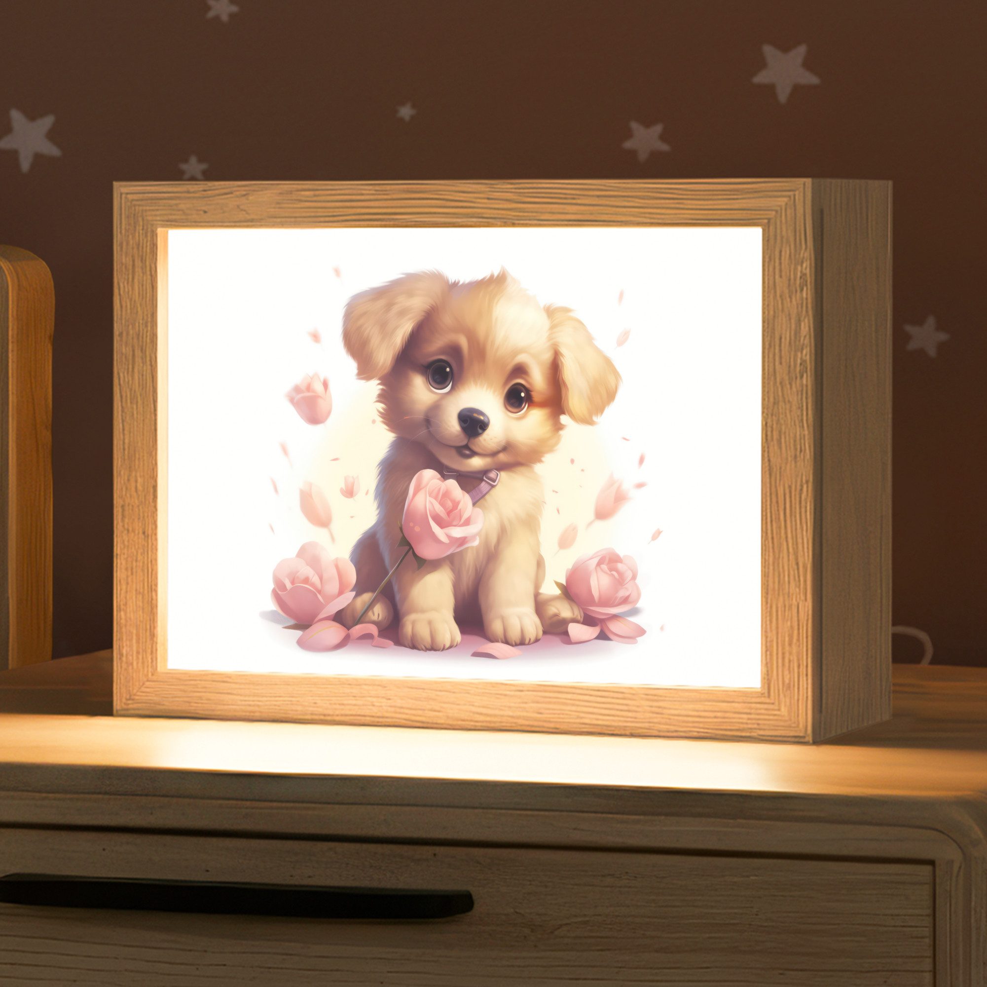 OnlyWow Nachttischlampe Lightbox Hund - Blumen - Rosa - Mädchen - Kind, Dimmbar, Farbwechsel, LED, Warmweiß, Kaltweiß, Neutralweiß Einstellbar, Nachtlicht, Kinder- und Babyzimmer, Dimmbar, mit Kabel, Tischleuchte