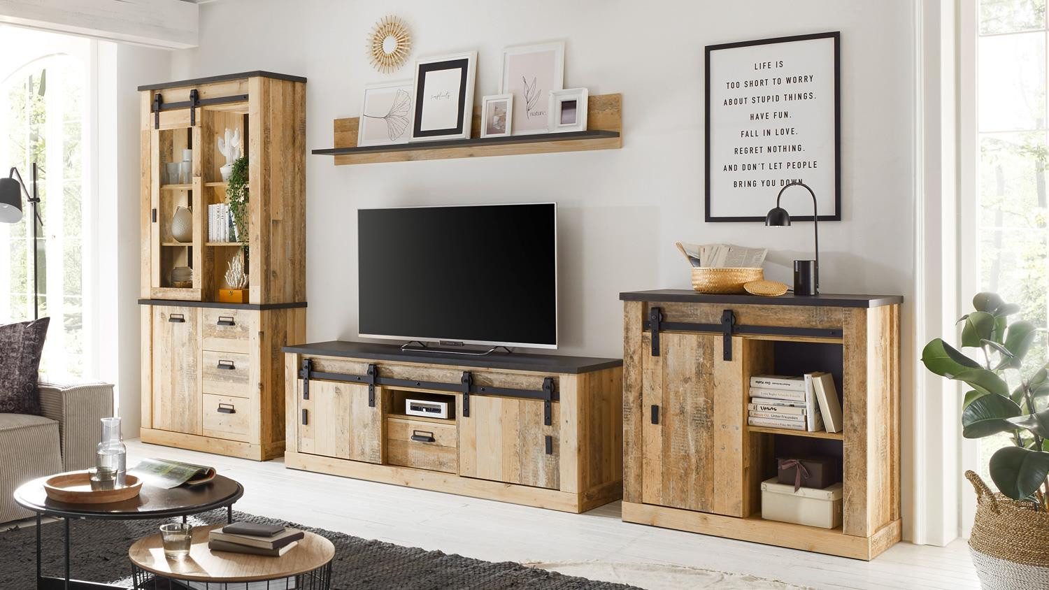 IMV Wohnwand Wohnwand Sherwood W3 Old Style hell anthrazit soft-close, (4-St)