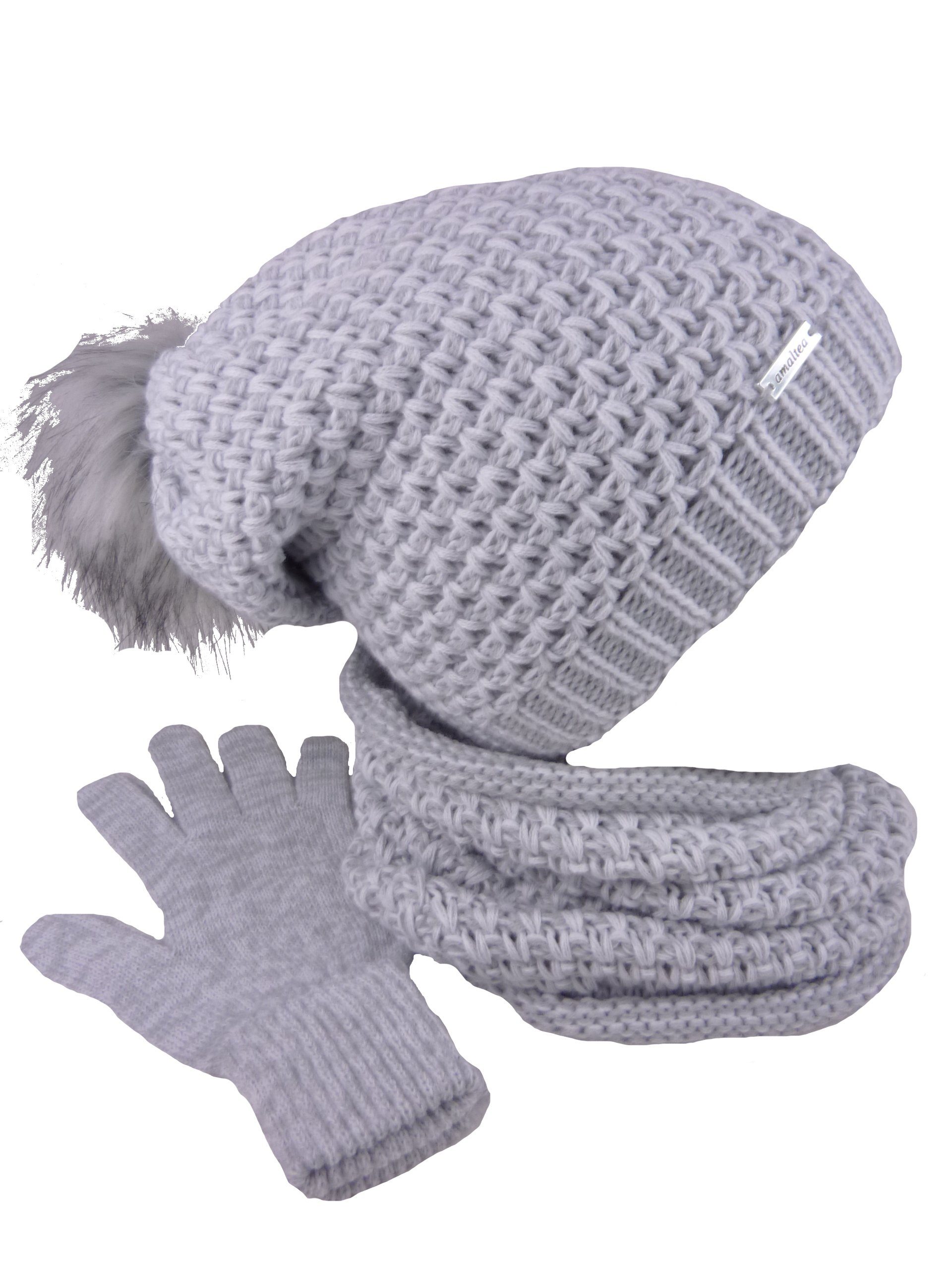 HEYO Damen Mütze Schal Handschuhe Set - Winter Strick Set Mit Bommel