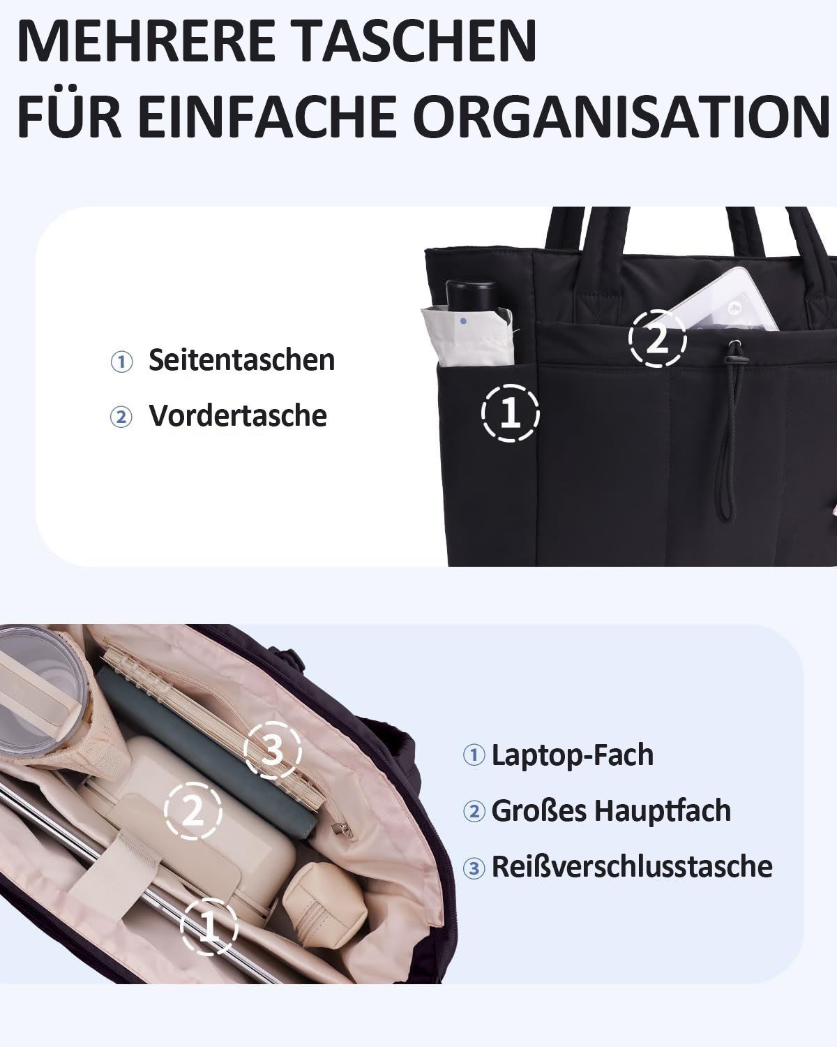 Coonoor Schultertasche Damen große Kapazität Umhängetasche, Reißverschluss Handtasche, geeignet für Arbeit, Schule und Reisen – Bild 3 von 5