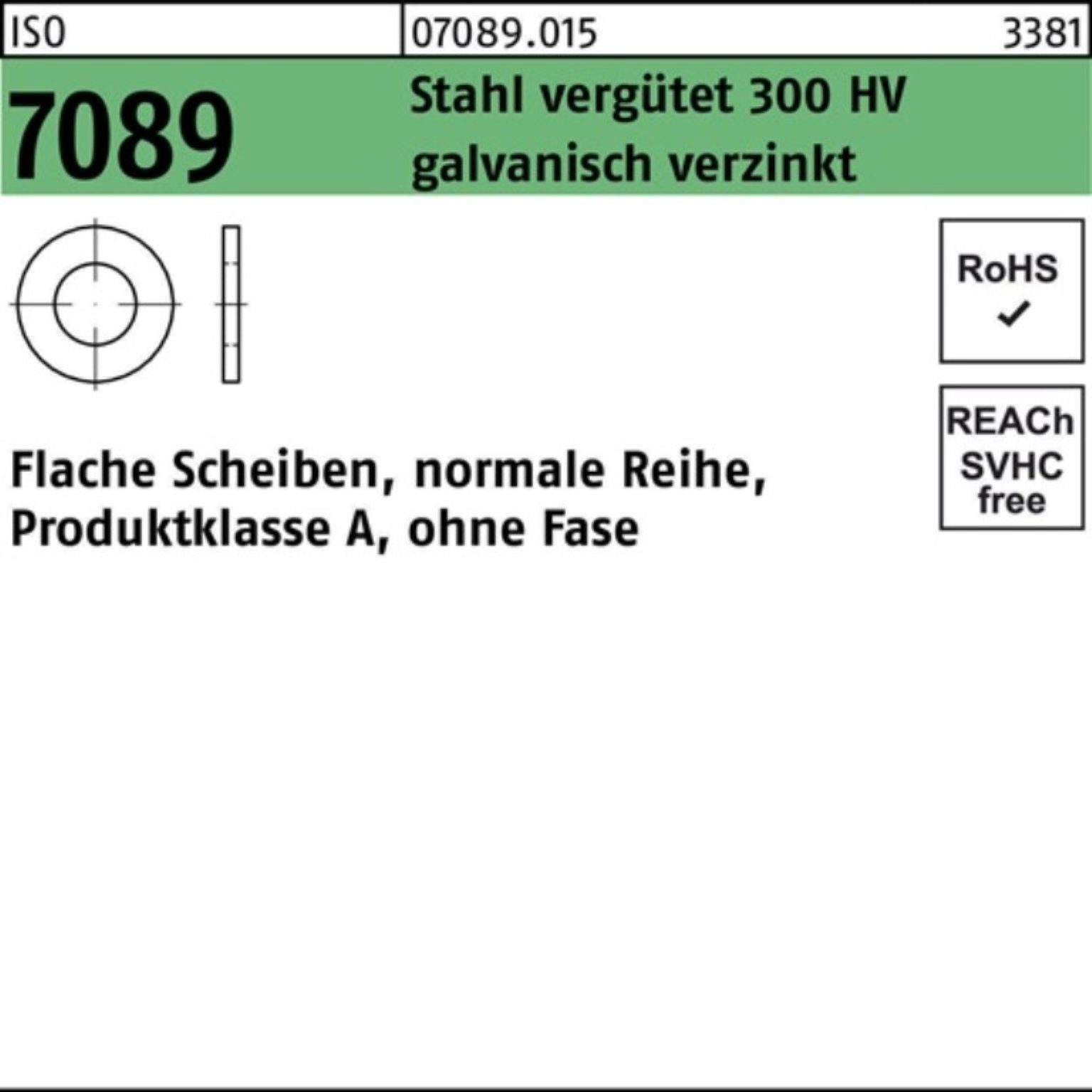 Bufab Unterlegscheibe 200er Pack Unterlegscheibe ISO 7089 o.Fase 8 Stahl verg. 300 HV galv.v