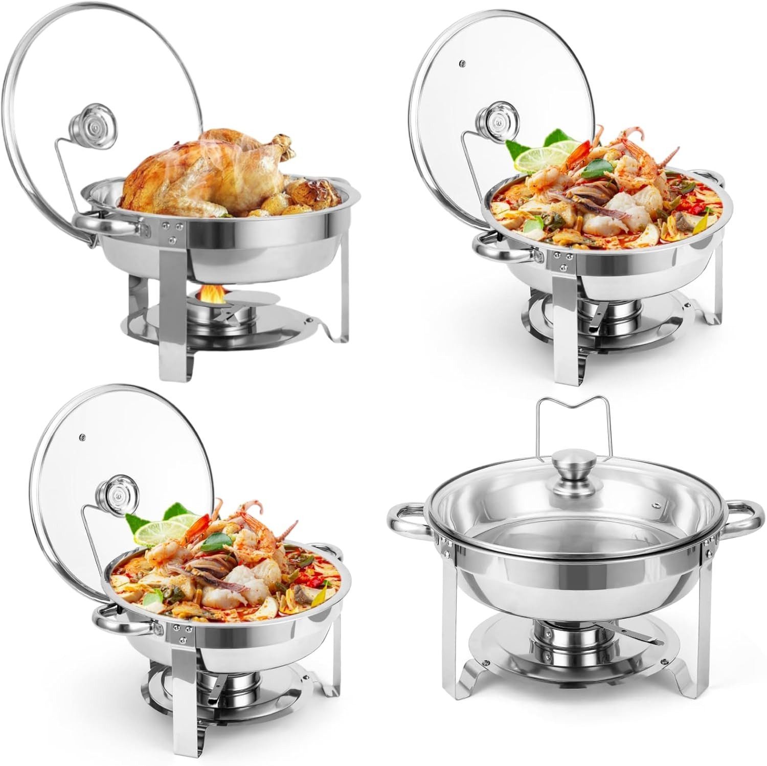 GarveeMore Speisenwärmer 5L runde Edelstahl-Chafing-Dishes und Warmhaltebehälter, (4-tlg), mit Deckelhalter und Glasdeckel für Catering,Partys,Abendessen
