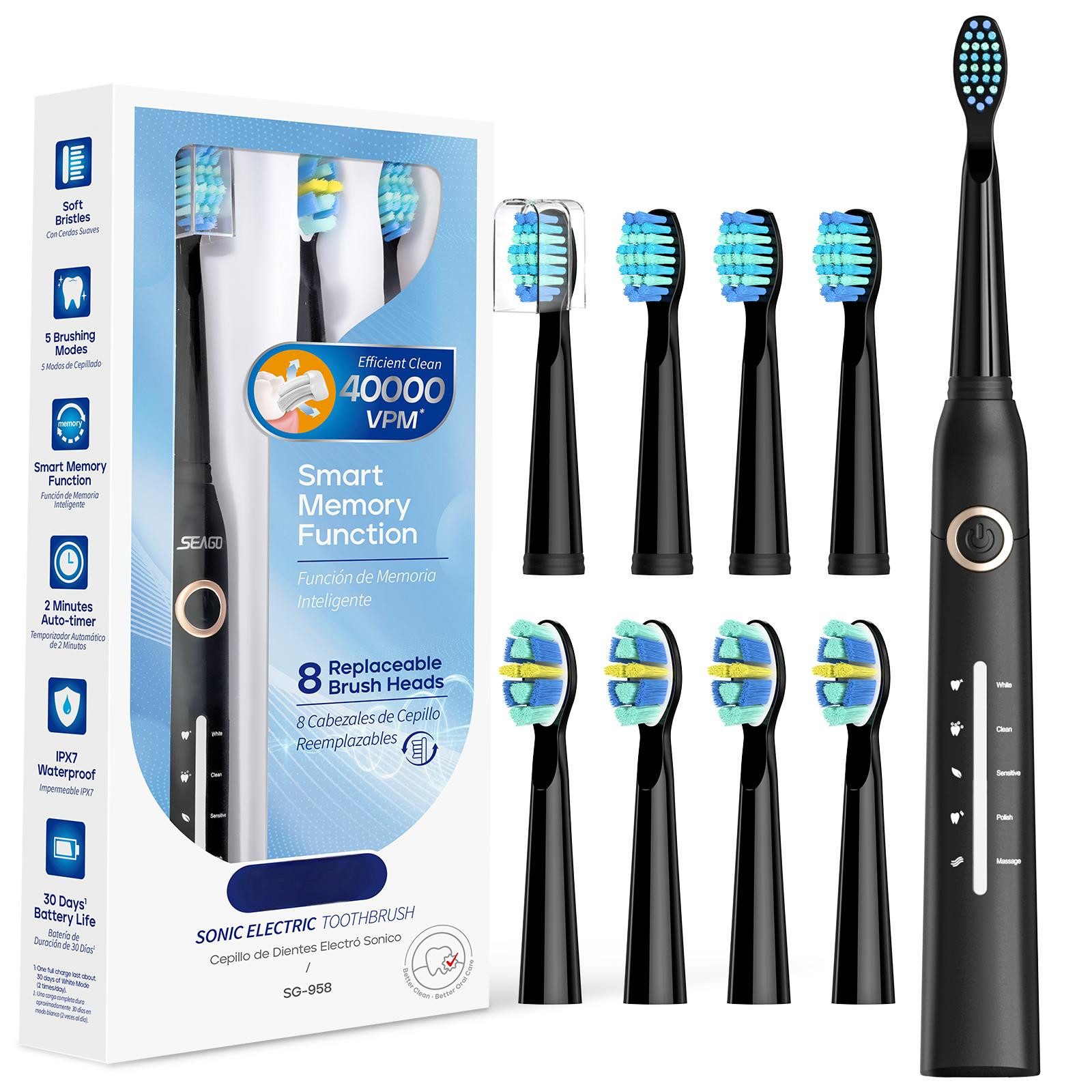 Elektrische Zahnbürste 40.000 VPM Schallzahnbürste,8 Bürstenköpfe,5 Putzmodi,2-Minuten-Timer