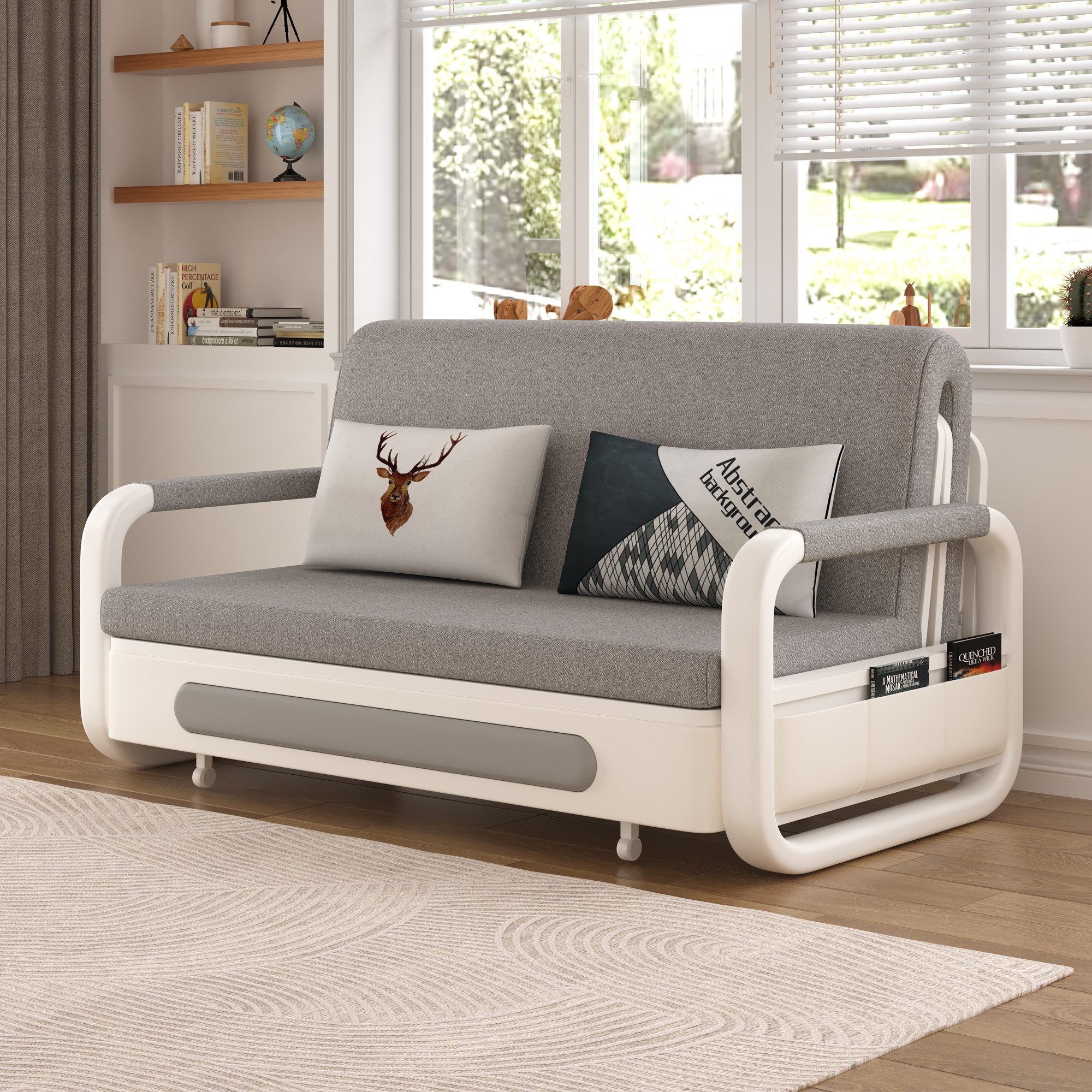oleyluckidea Schlafsofa Ausziehbares Schlafcouch mit Stauraum für kleine Räume,Weiß, Zum Bett umwandelbar, Verfügbare Größen: 128 cm und 150 cm, sofabett