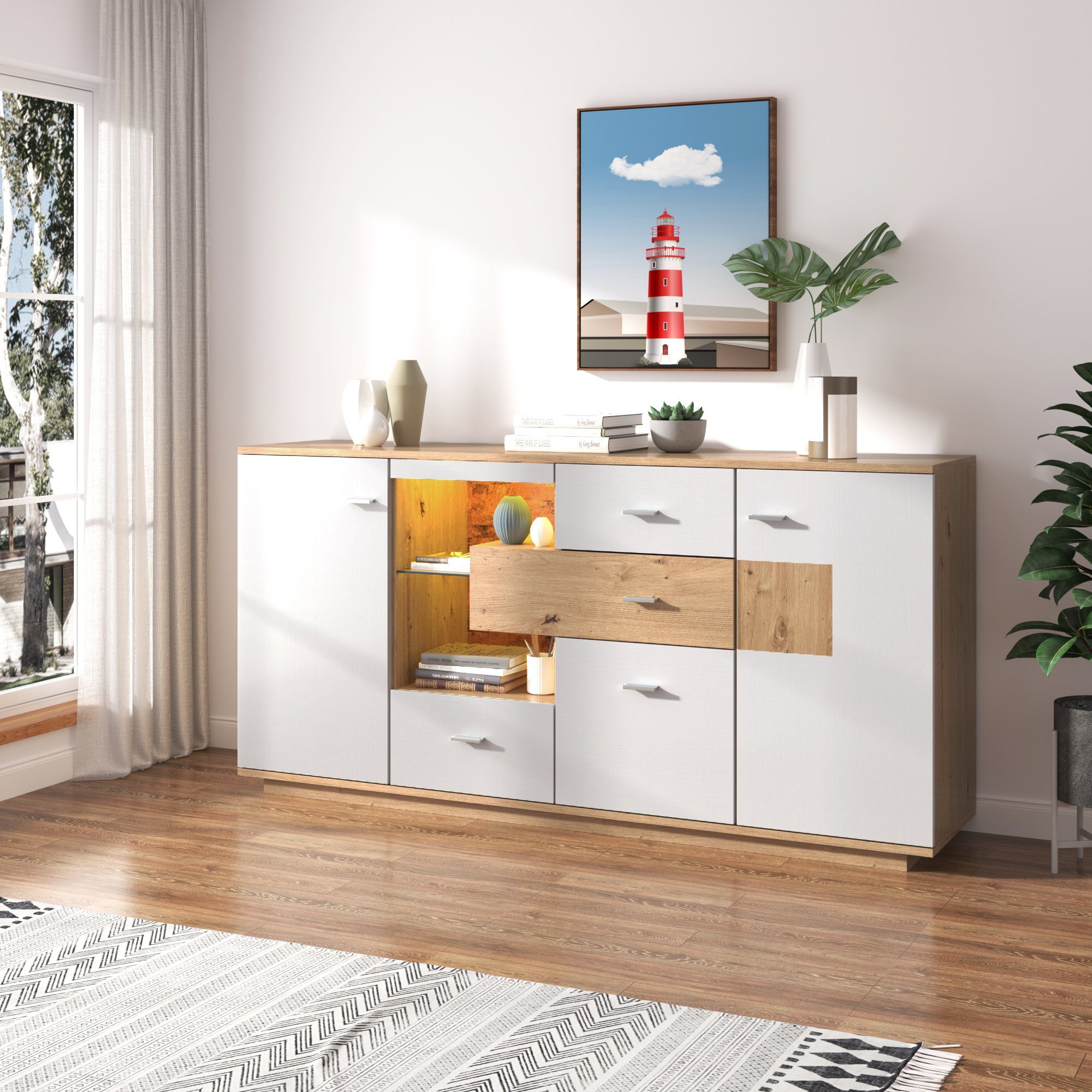 Odikalo TV-Schrank Schrank Glasablage, Weiß Türen 4 2 Kommode Schubladen, LED Sideboard