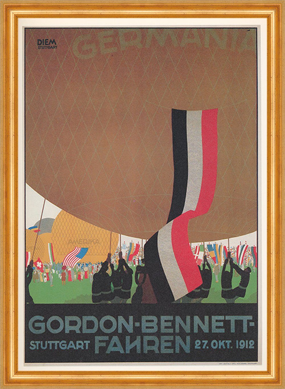 Kunstdruck Gordon Bennett Fahren Stuttgart 1912 Ballon Fahnen Werbung 011 Gerahmt