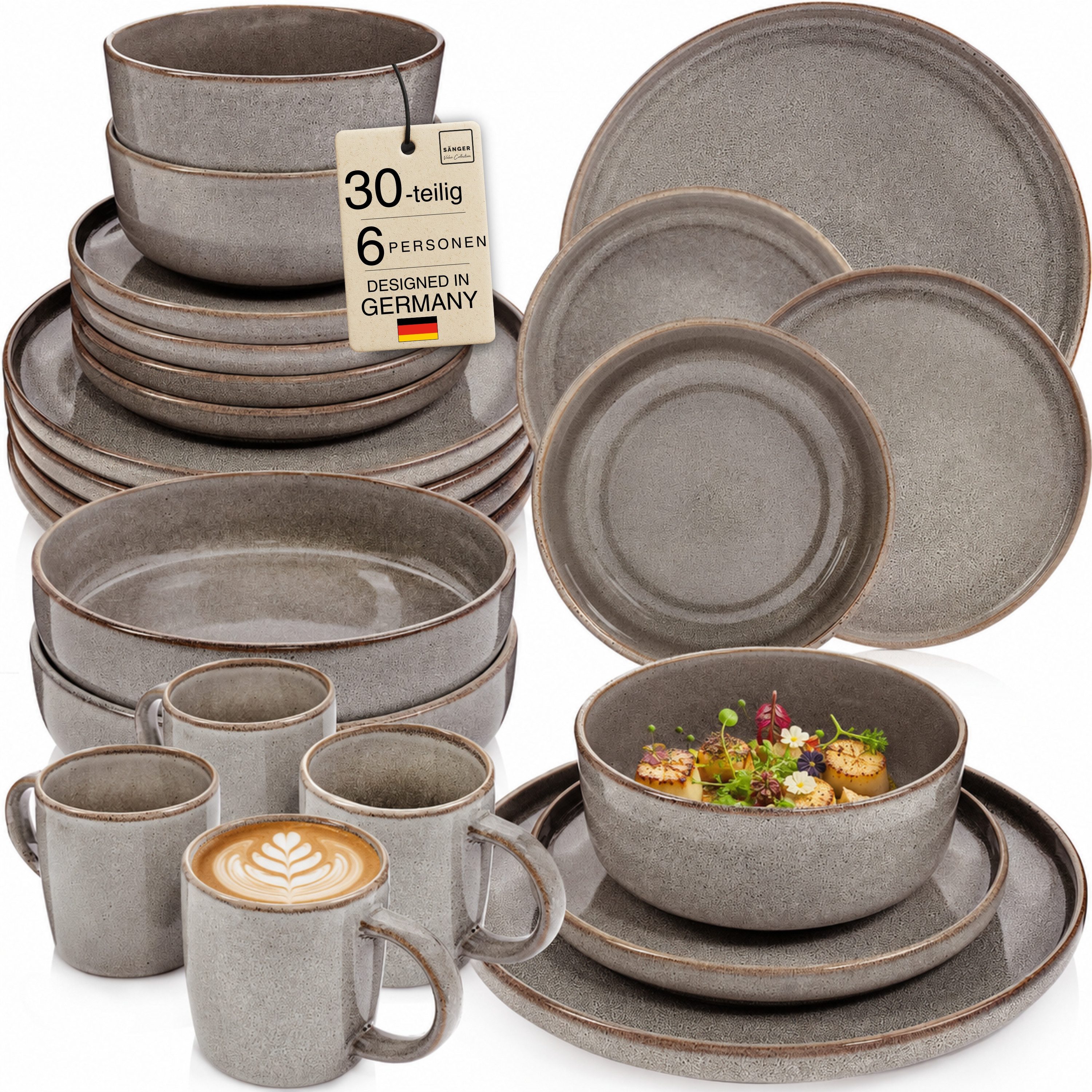 SÄNGER Tafelservice Kairo (30-tlg), 6 Personen, Steingut, Kombiservice Kairo Graphit, Handmade, VALUE COLLECTION