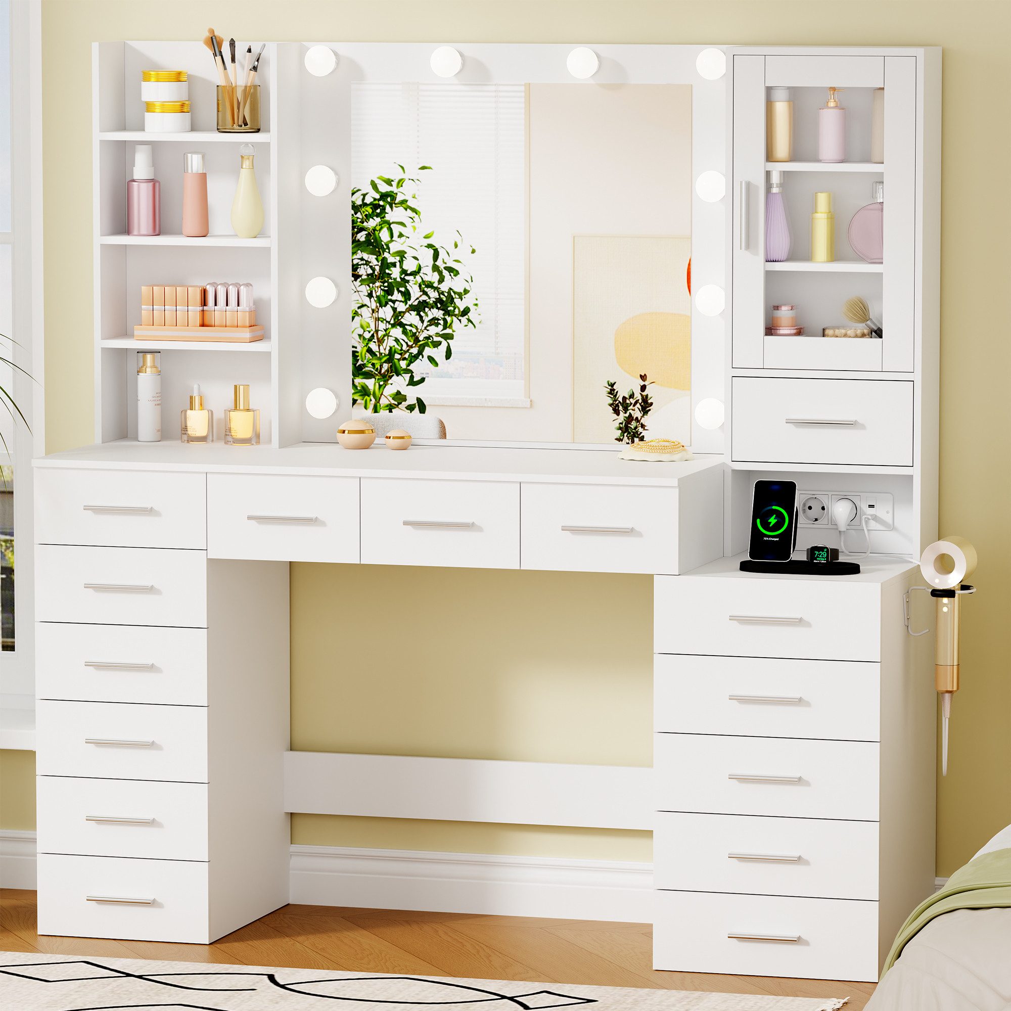 BEWISHOME Schminktisch mit beleuchtung, Steckdose und USB-Anschluss, schminktisch weiß, LED-Spiegel mit 3 Lichtfarben, USB & Steckdosen, 15 Schubladen