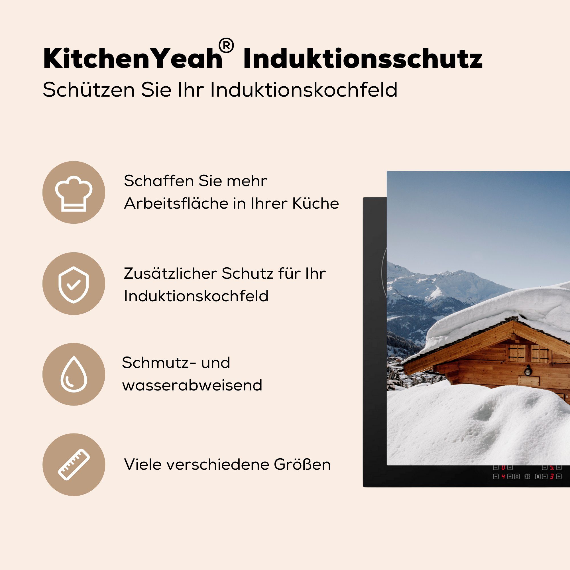 MuchoWow Herdblende-/Abdeckplatte Schnee cm, in die Vinyl, tlg), einer küche, 81x52 Schweiz, Hütte für Induktionskochfeld Ceranfeldabdeckung der (1 auf Schutz