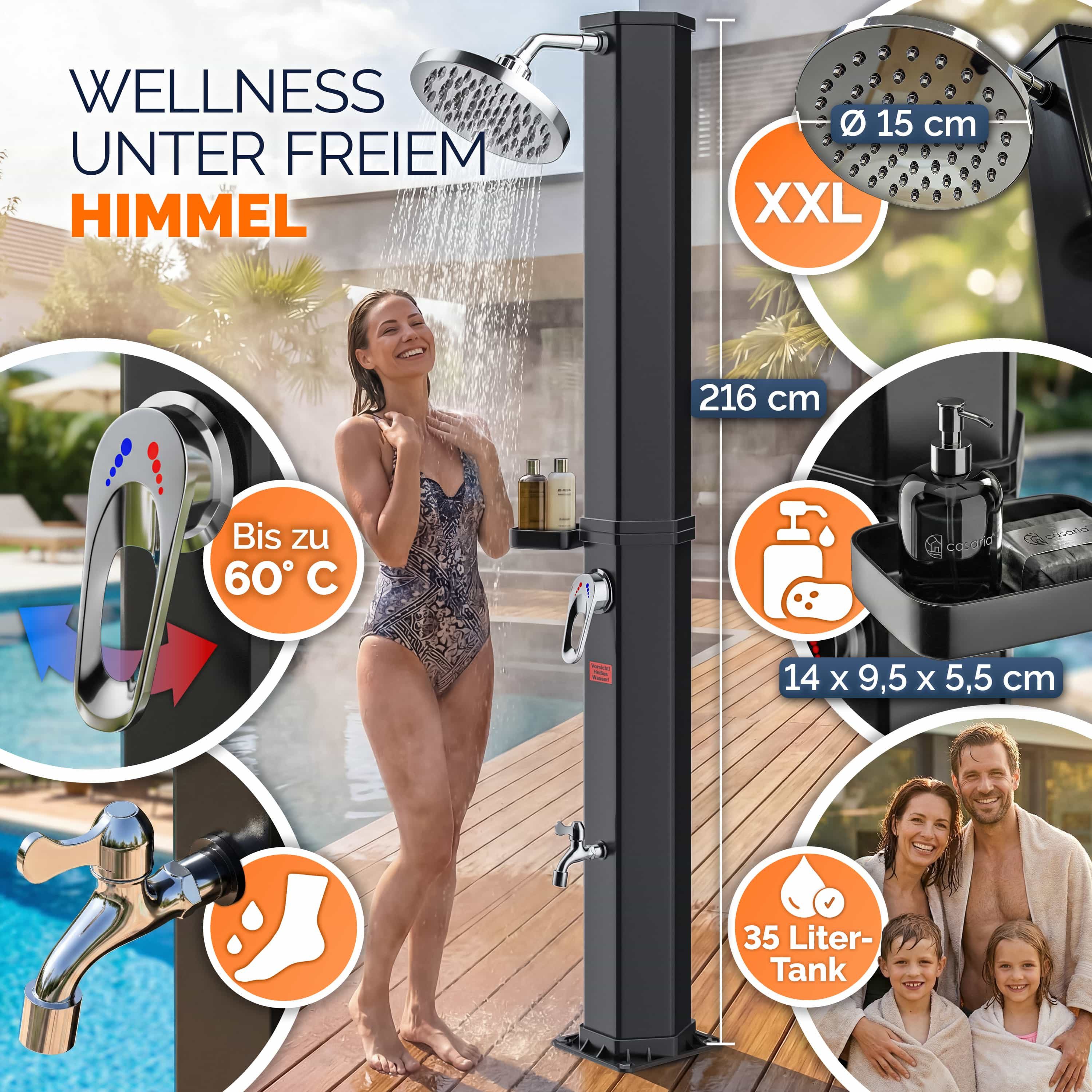 Casaria Solardusche, Solardusche 35 Liter UV-beständig Seifenl Ablage 105GSM Schutzhaube