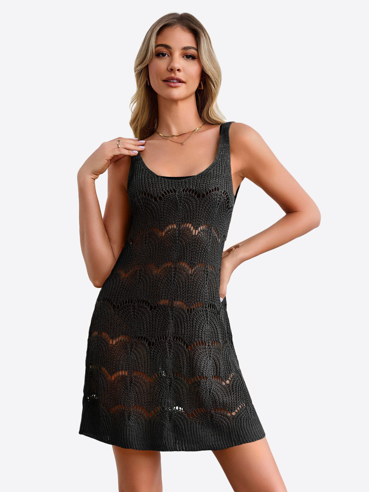 Imily Bela Strandkleid Damen Häkelstrick Beach Bikini Cover-Up Strandüberwurf Casual (Packung, 1-tlg., 1per-Pack) Lochmuster gehäkelt in Unifarbe