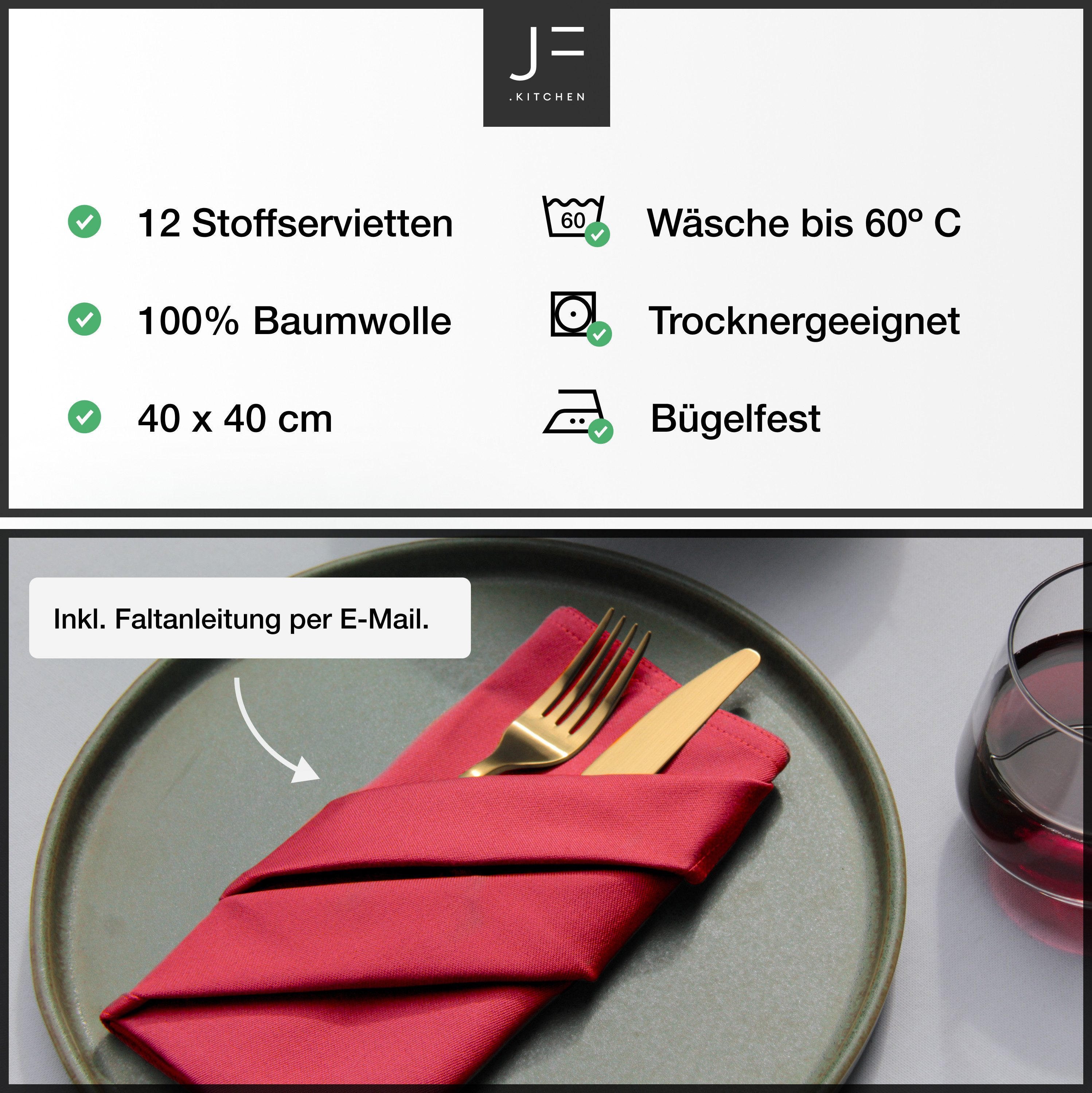 JF.kitchen Stoffserviette 12 Stoffservietten mit Faltanleitung aus extra hochwertiger Baumwolle, (12 St)