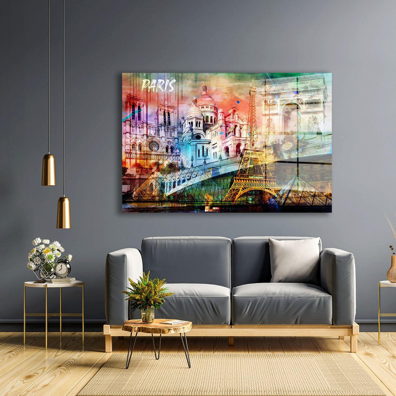Artedinoi Acrylglasbild Paris Collage Acrylglasbild Wandbild Triumphbogen Rosa Türkis Bunt XXL, Paris Collage mit Kathedrale, Basilika, Eiffelturm, Triumphbogen und Glaspyramide