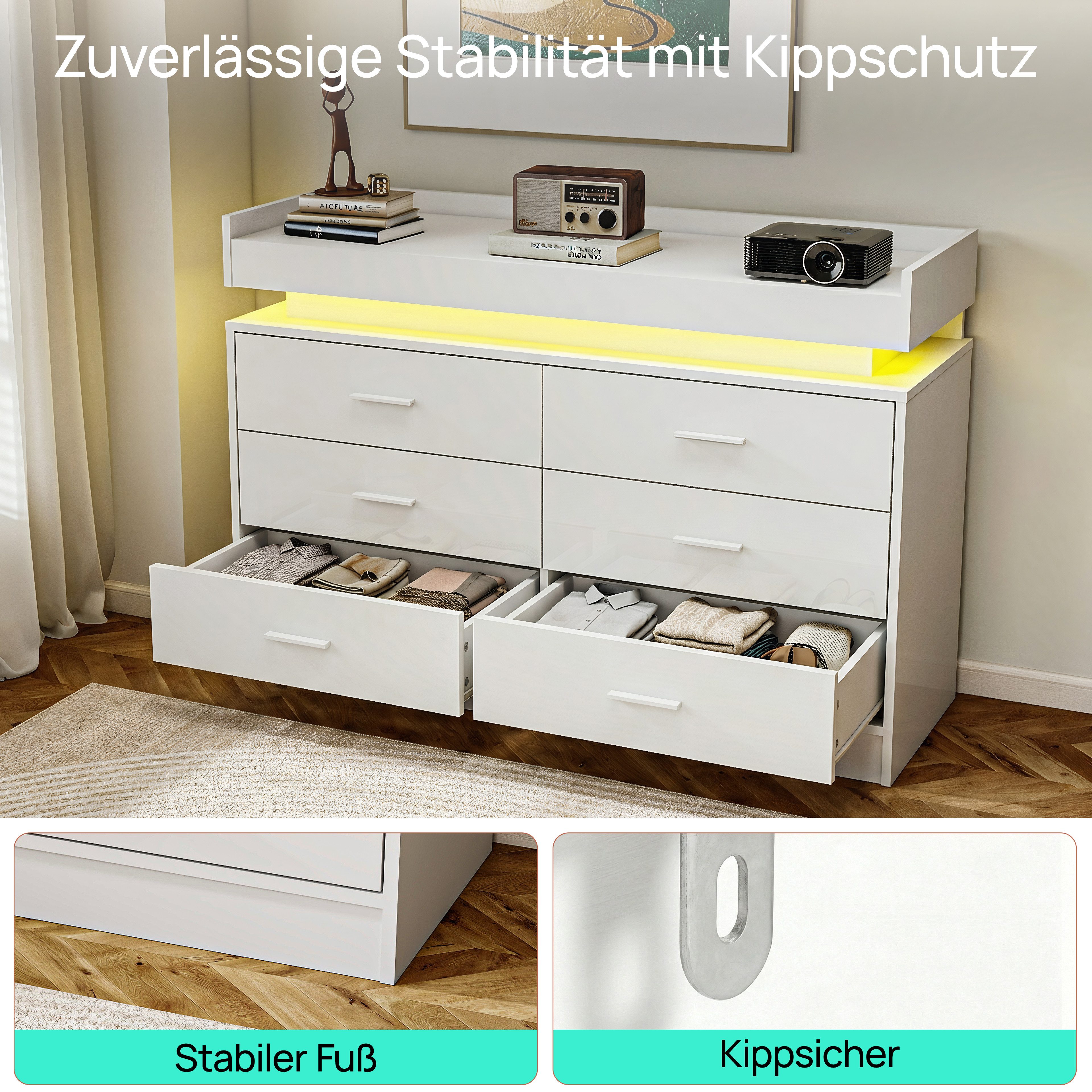 oyajia Kommode Sideboard mit 6 Schubladen und LED-Beleuchtung, Schrank für Wohnzimmer und Schlafzimmer Weiß