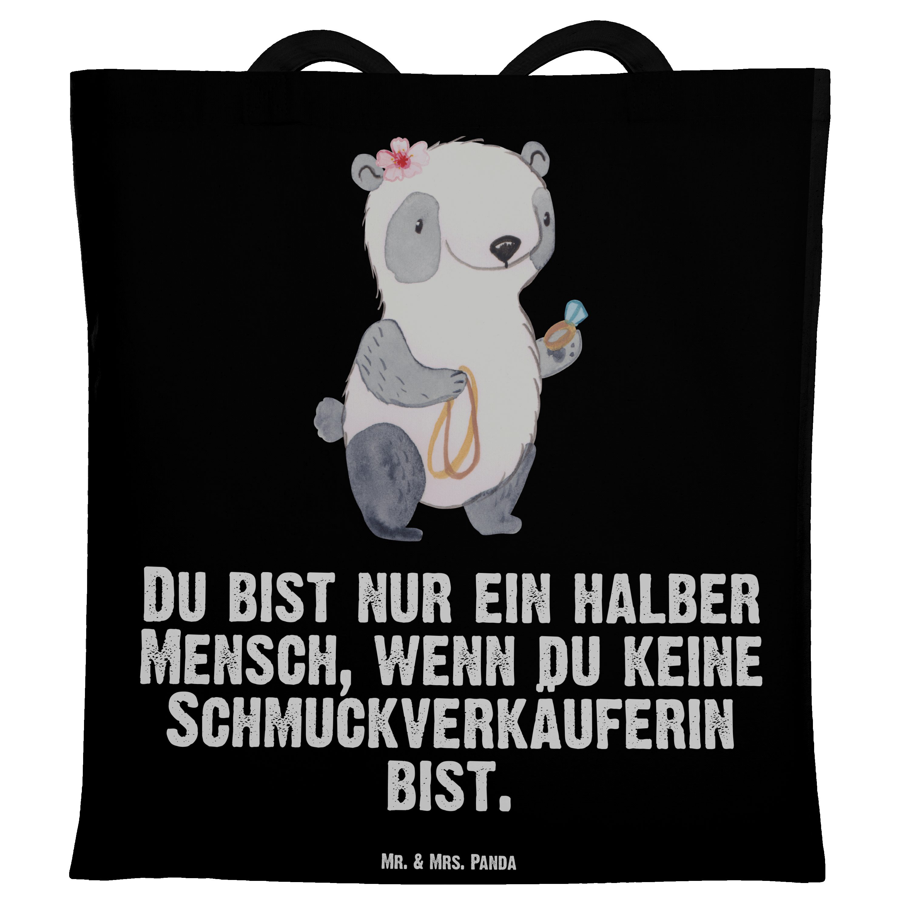 Mr. & Mrs. Panda Tragetasche Schmuckverkäuferin mit Herz - Schwarz - Geschenk, Stoffbeutel, Schmuc (1-tlg) | Canvas-Taschen