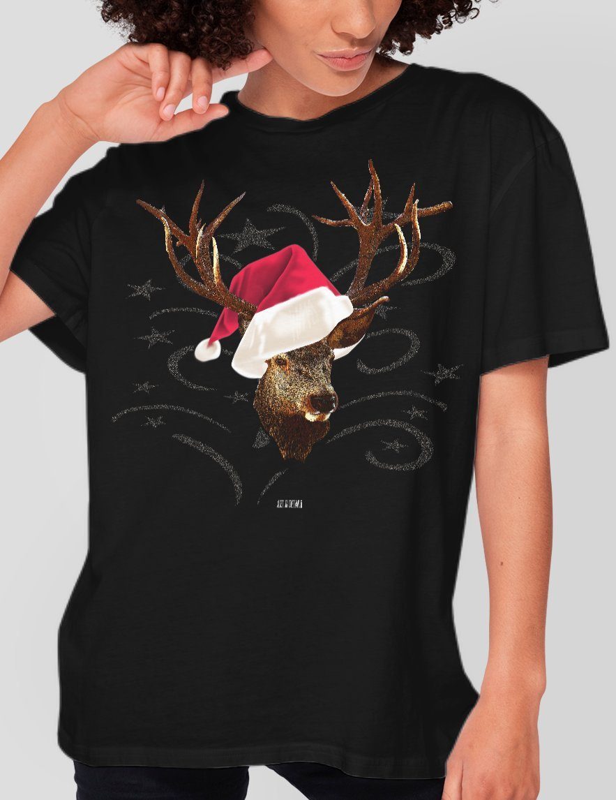 Art & Detail Shirt T-Shirt Weihnachten Design Hirsch mit Weihnachtsmütze Weihnachten