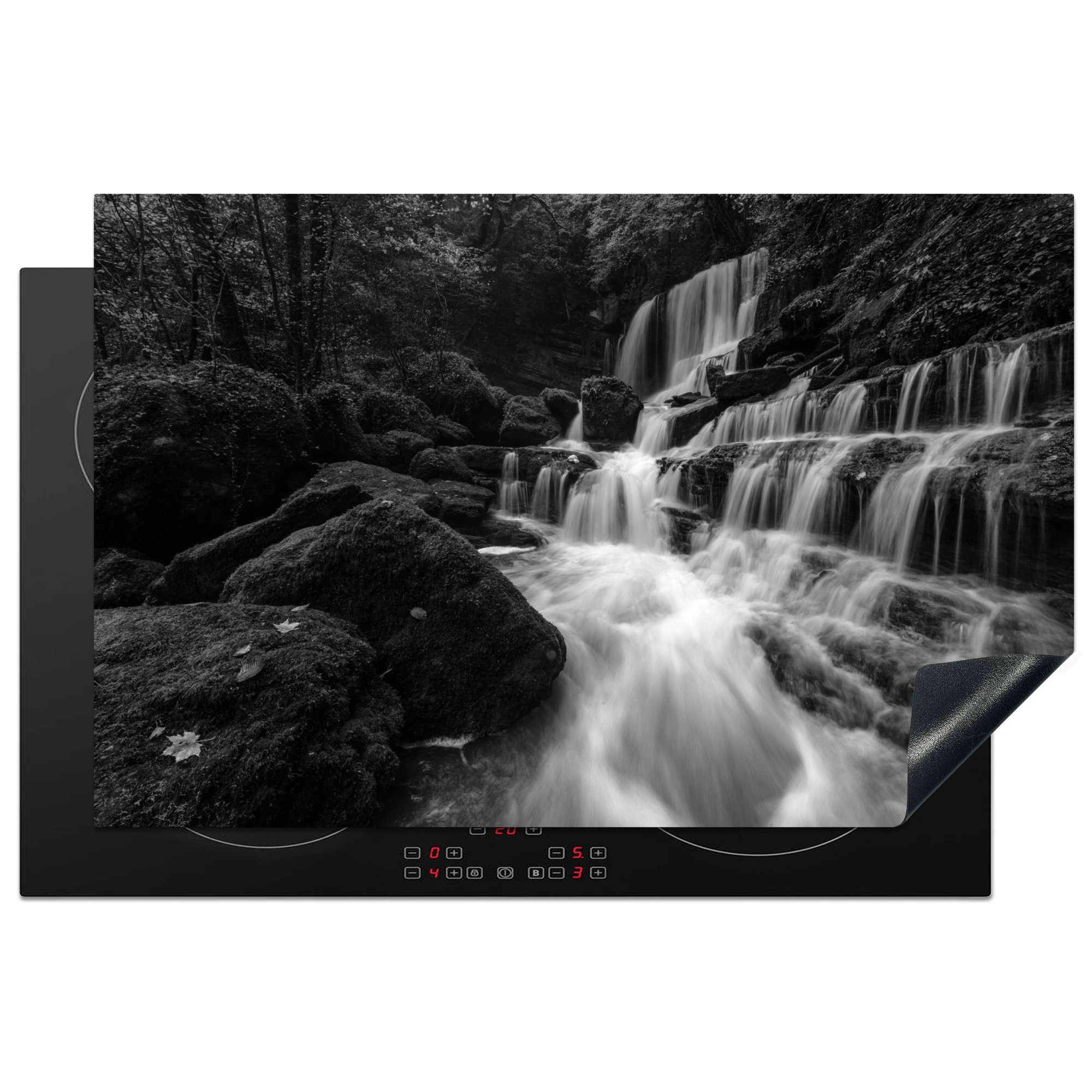 MuchoWow Herdblende-/Abdeckplatte Frankreich - Schwarz - Weiß - Wasserfall, Vinyl, (1 tlg), 81x52 cm, Induktionskochfeld Schutz für die küche, Ceranfeldabdeckung