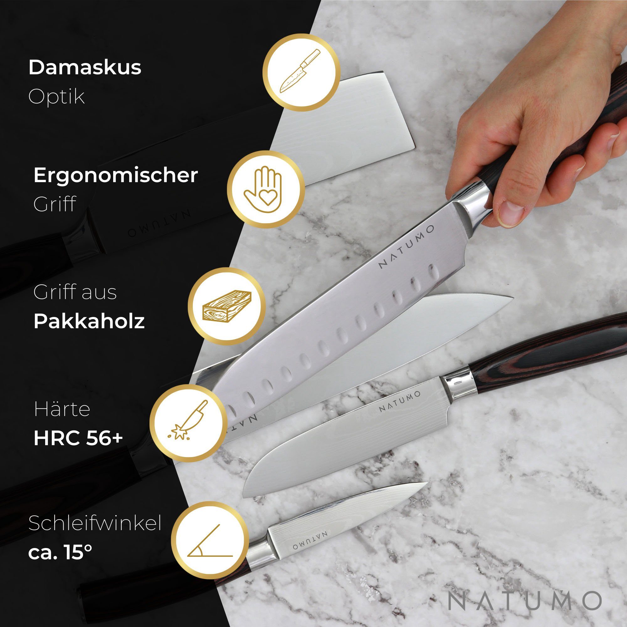 natumo Damastmesser Damast-Optik Küchenmesserset Pakkaholz 5tlg., Edelstahl, Profi Kochmesser