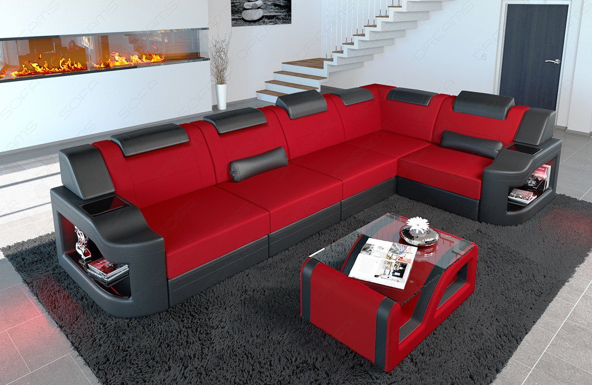 Sofa Dreams Ecksofa Polsterstoff Design Stoff Sofa Padua L Form M Mikrofaser Stoffsofa, Couch wahlweise mit Bettfunktion rot-schwarz
