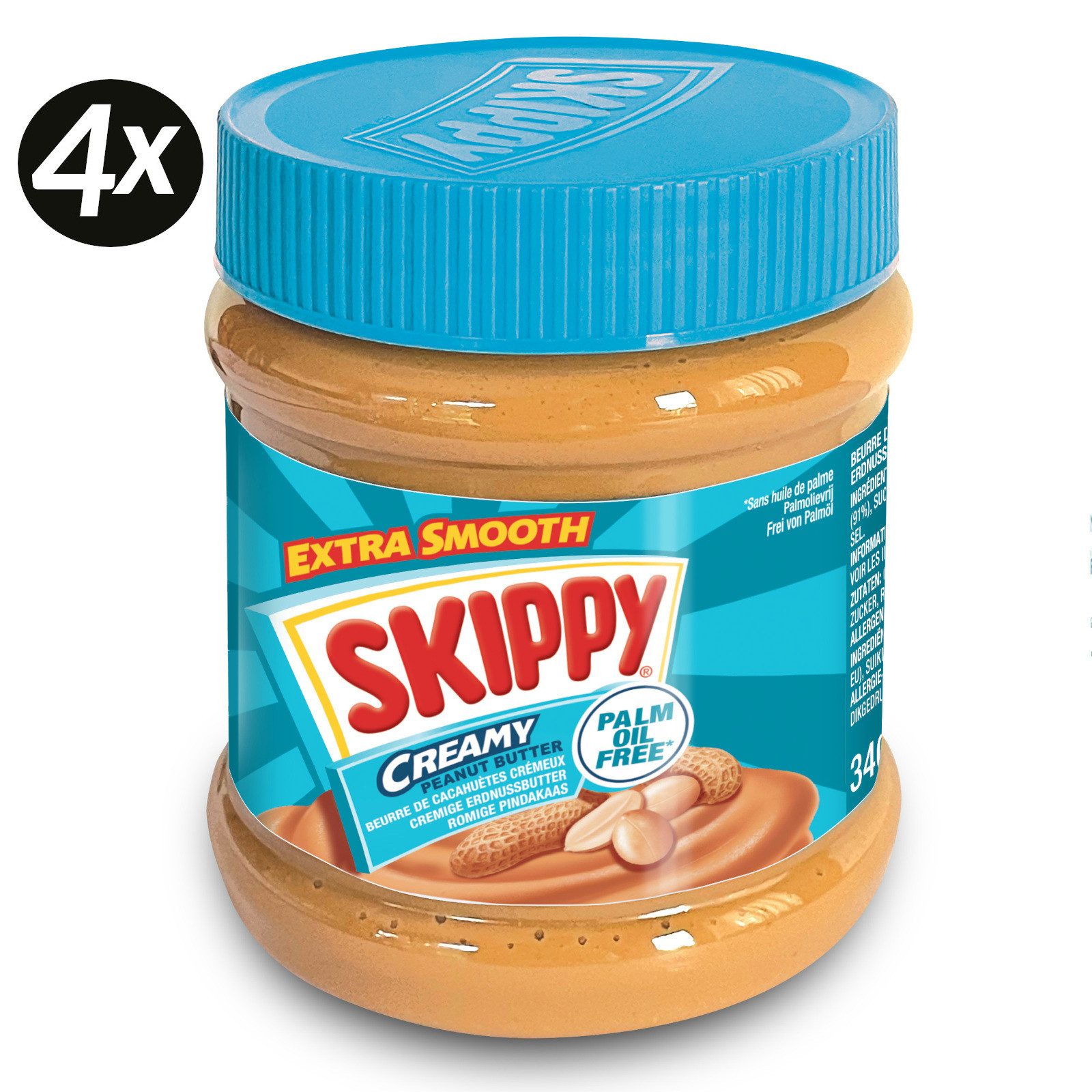 Skippy Nussaufstrich 4 x 340g Erdnussbutter "Creamy" Peanut Butter Extra Smooth, 4 x 1360 g, 340 St. (Packung), Ohne künstliche Aromen, Ohne künstliche Farbsoffe