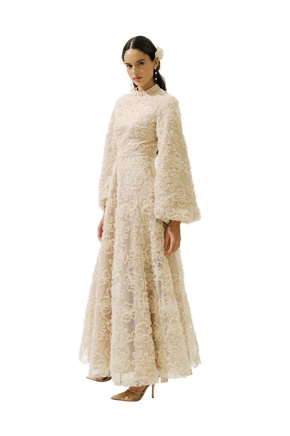 MANUKA Abendkleid Puffiges, geblümtes, langärmeliges Abendkleid, schwarz.