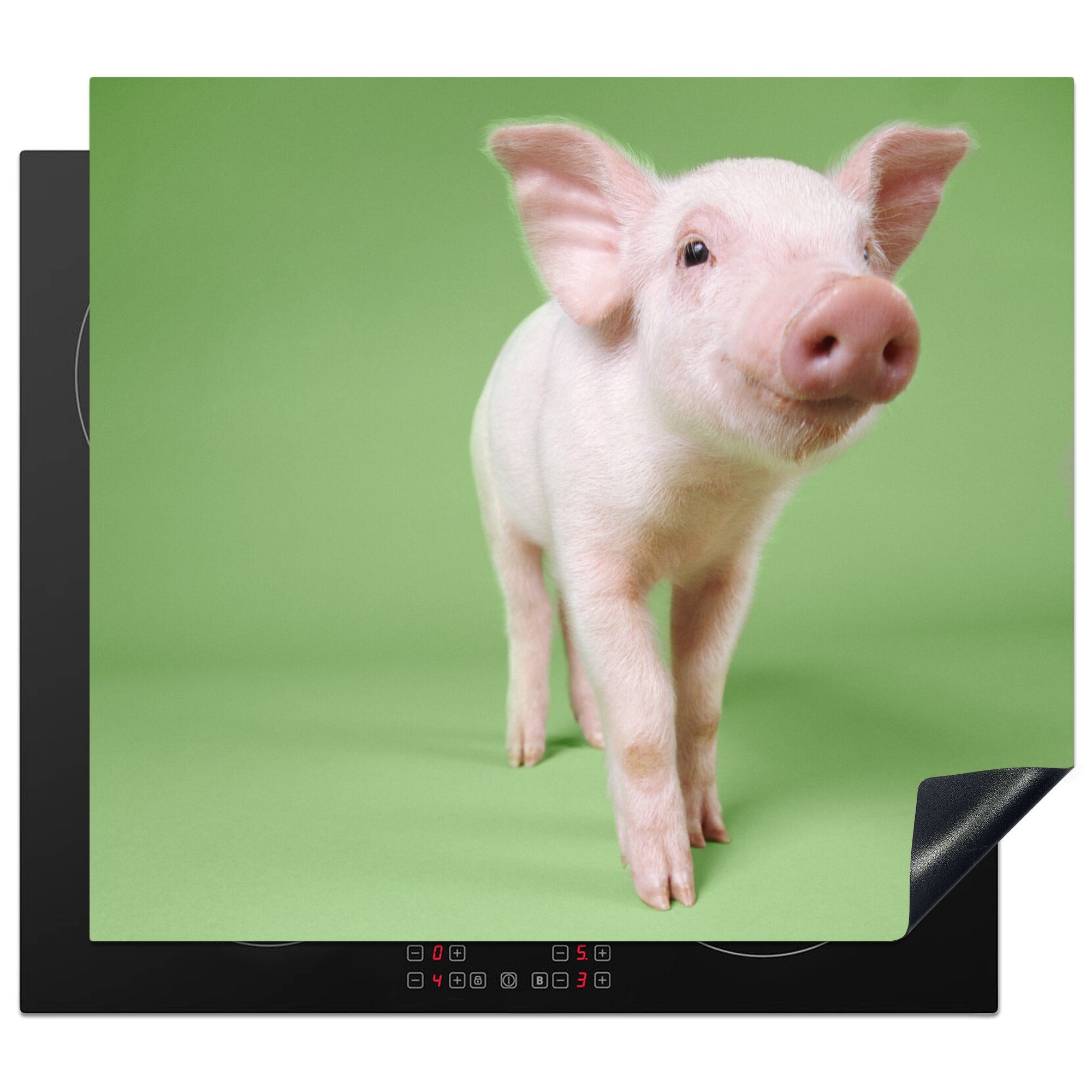 MuchoWow Herdblende-/Abdeckplatte tlg), Schweinchen 60x52 grünem Vinyl, (1 Mobile Arbeitsfläche nutzbar, Hintergrund, Ceranfeldabdeckung mit Rosa cm