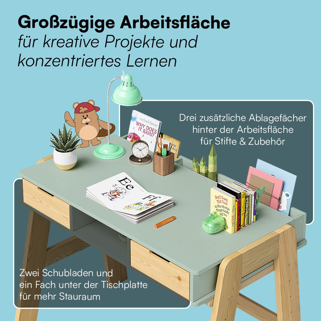 Bellabino Kinderschreibtisch Campo, höhenverstellbar 56-75 cm (mit Schubladen, 1 Ablagefach und 3 Aufbewahrungsfächer), mintgrün/natur