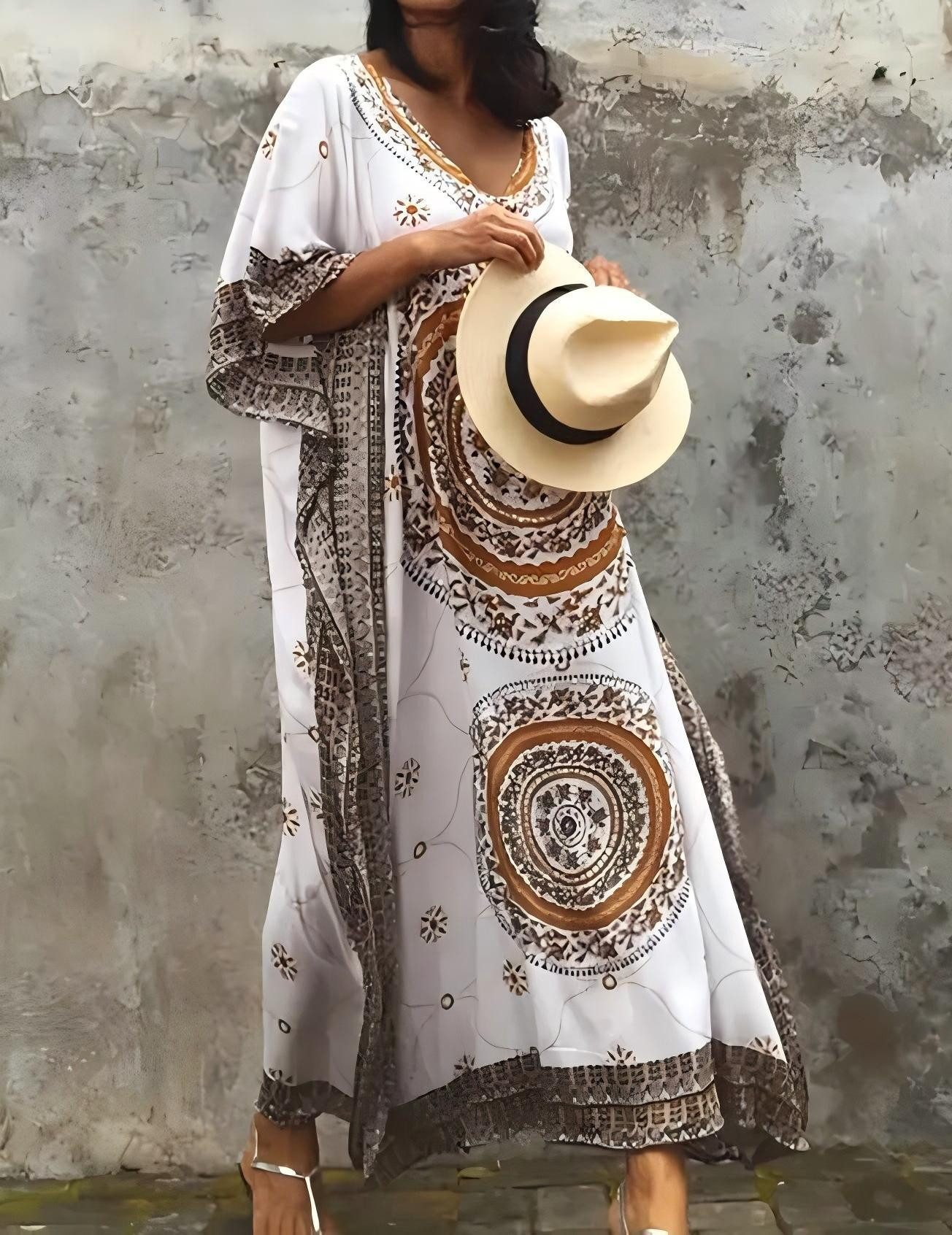 MOPUEA Strandkleid Boho Strandkaftan Ethno Print Sommerkleid aus Viskose (Boho Strandkaftan im Ethno Stil, Luftiger Sommer Kaftan mit Ethno Muster) Atmungsaktiv locker leicht hautfreundlich und luftig
