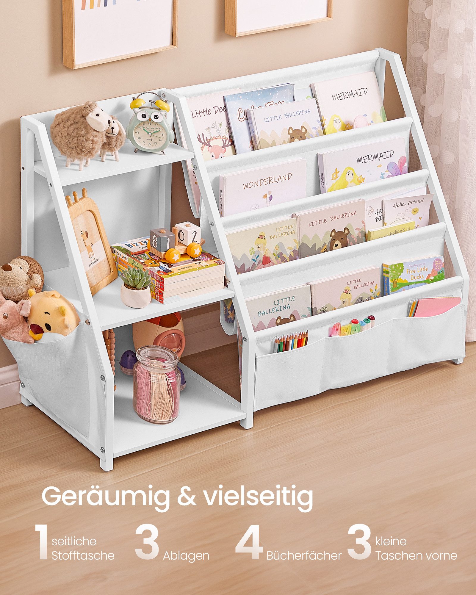 SONGMICS Spielzeugtruhe, Bücherregal Kinder, Spielzeugregal, mit Seitentasche, 108.5×30×75 cm