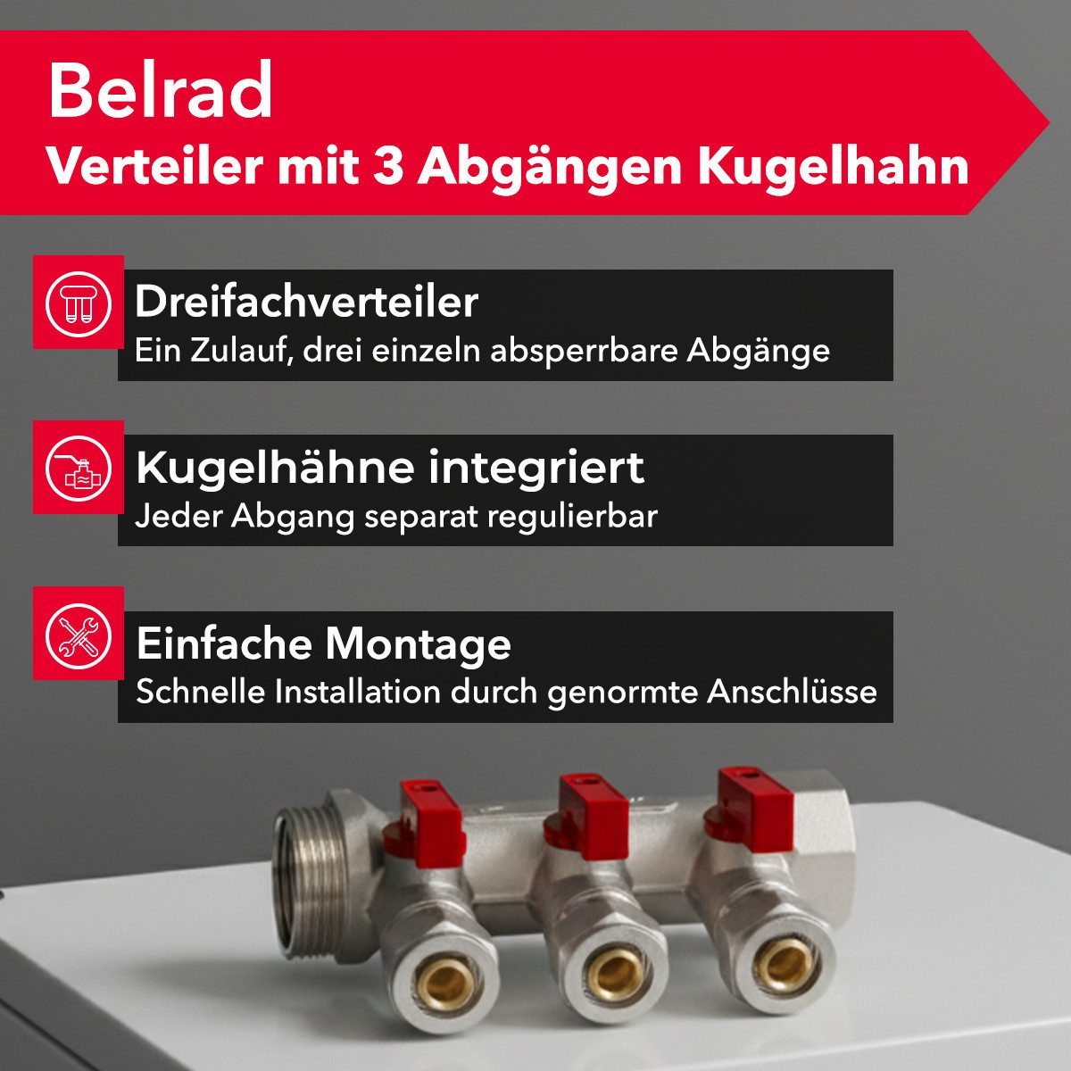 Belrad Gewindefitting Heizkreisverteiler für Heizungen BLR413, 3 Abgänge mit Kugelhahn, (einzel, 1-tlg), Eurokonus 1/2" 16 mm, 1" AG/IG, vernickeltes Messing, 35 mm Abstand