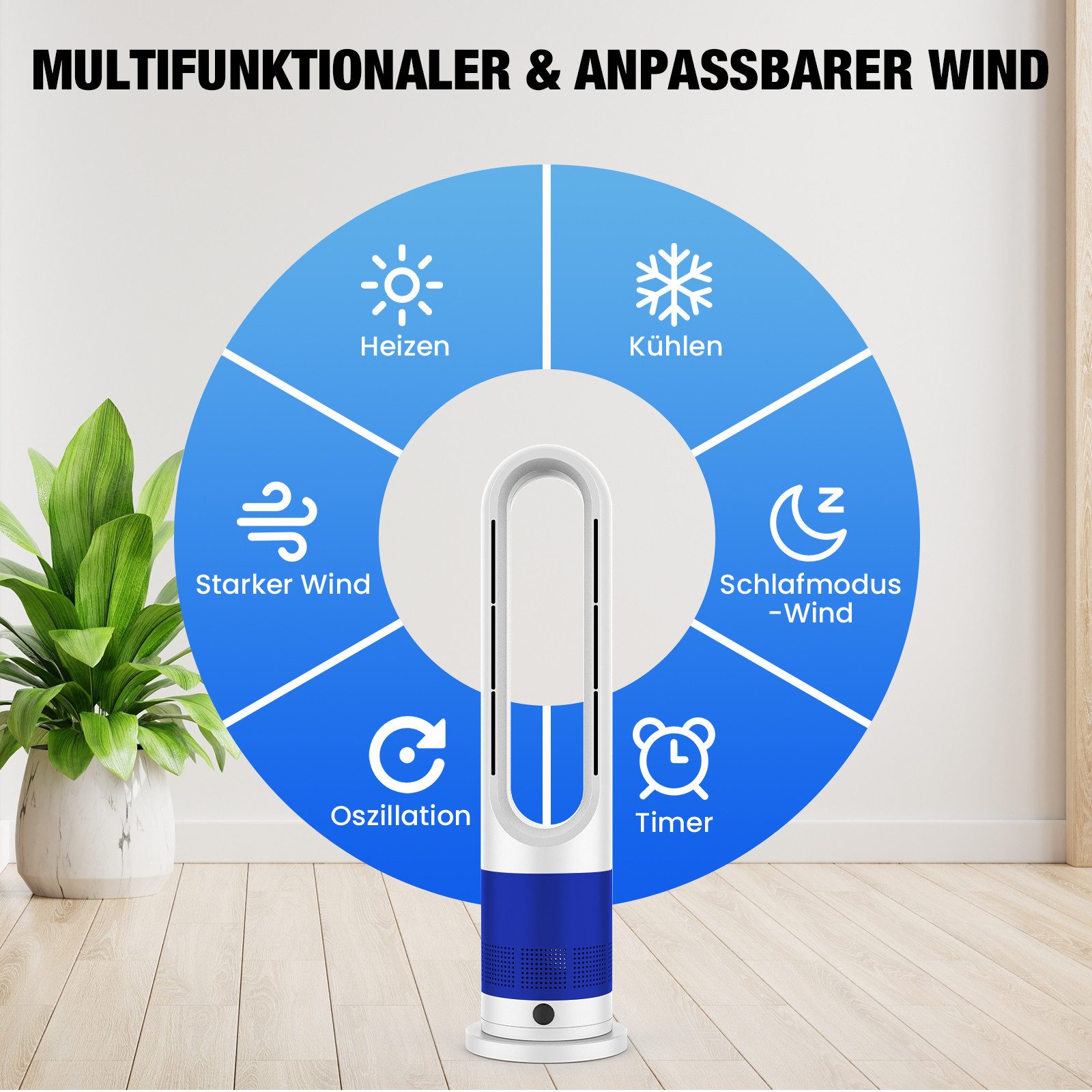 Rebonique Turmventilator Rotorlos Ventilator mit Kühlung/Heizen/Luftkühler sehr Leise, 8 Stufen, LED-Anzeige, Fernbedienung, 80° Oszillation, 9H Timer