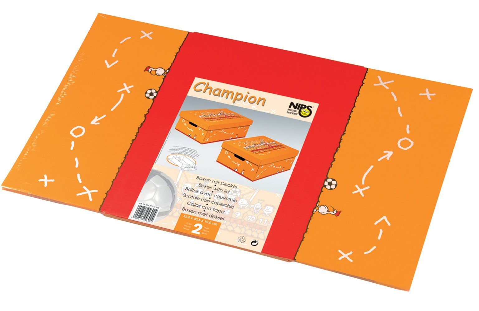 NIPS Aufbewahrungsbox CHAMPION (2 St), B/H/T: 32 x 19 x 45,5 cm, Fußball-Motiv, Wellkarton, Karton, Pappe