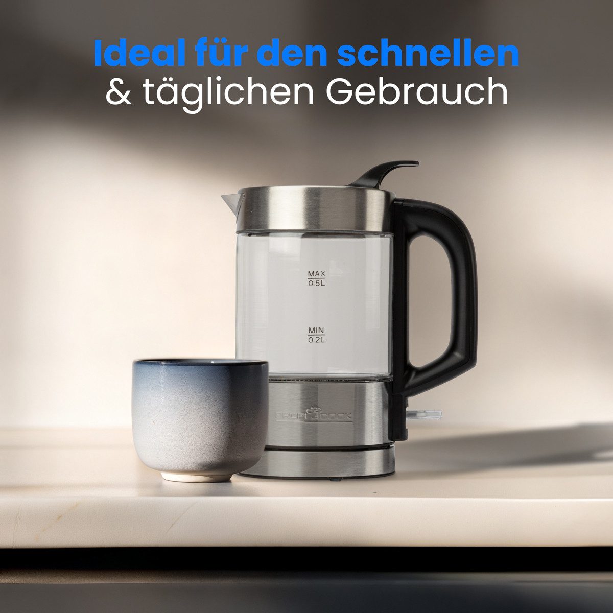 ProfiCook Wasserkocher PC-WKS 1228 G, Wasserkocher Edelstahl, 0,5 L, beleuchtet – Bild 5 von 5