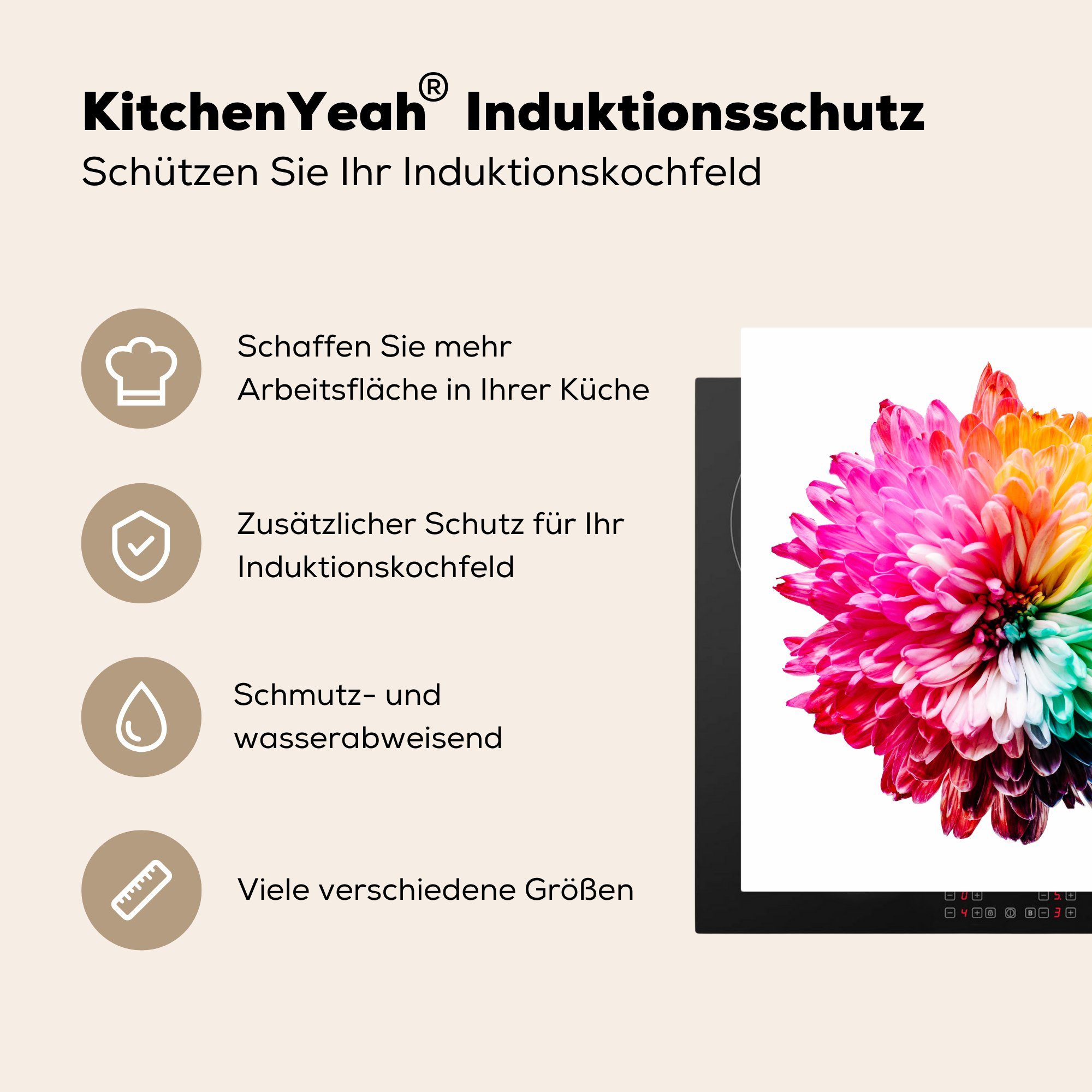 MuchoWow Herdblende-/Abdeckplatte Blumen 78x78 für Ceranfeldabdeckung, Arbeitsplatte (1 Chrysantheme, tlg), - Vinyl, - küche Regenbogen cm