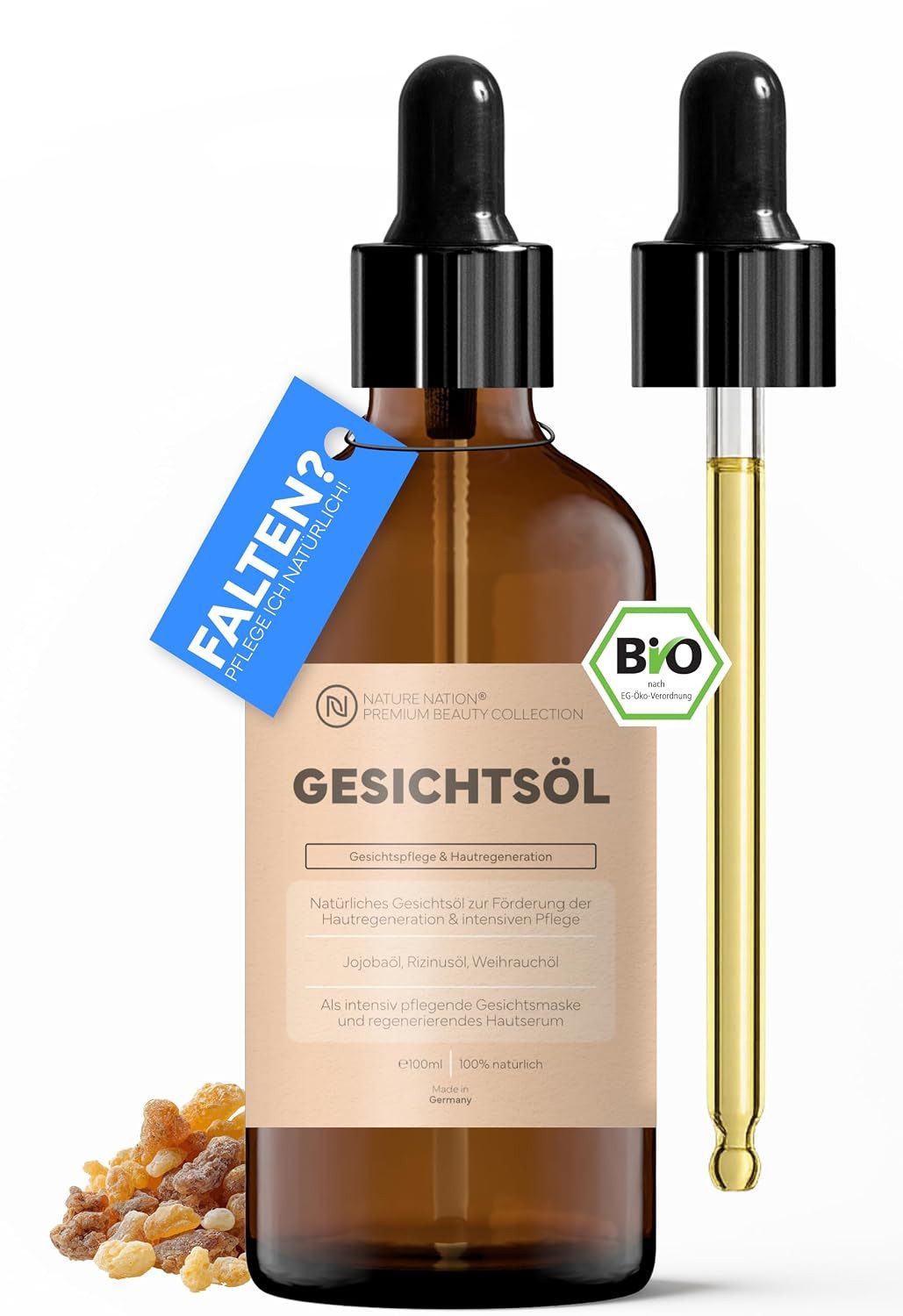 NATURE NATION Gesichtsöl Anti Aging Gesichtsöl: Rizinusöl, Jojobaöl, Weihrauch & Vitamin E, 1-tlg., 100% natürliches Bio-Gesichtsöl für intensive Pflege