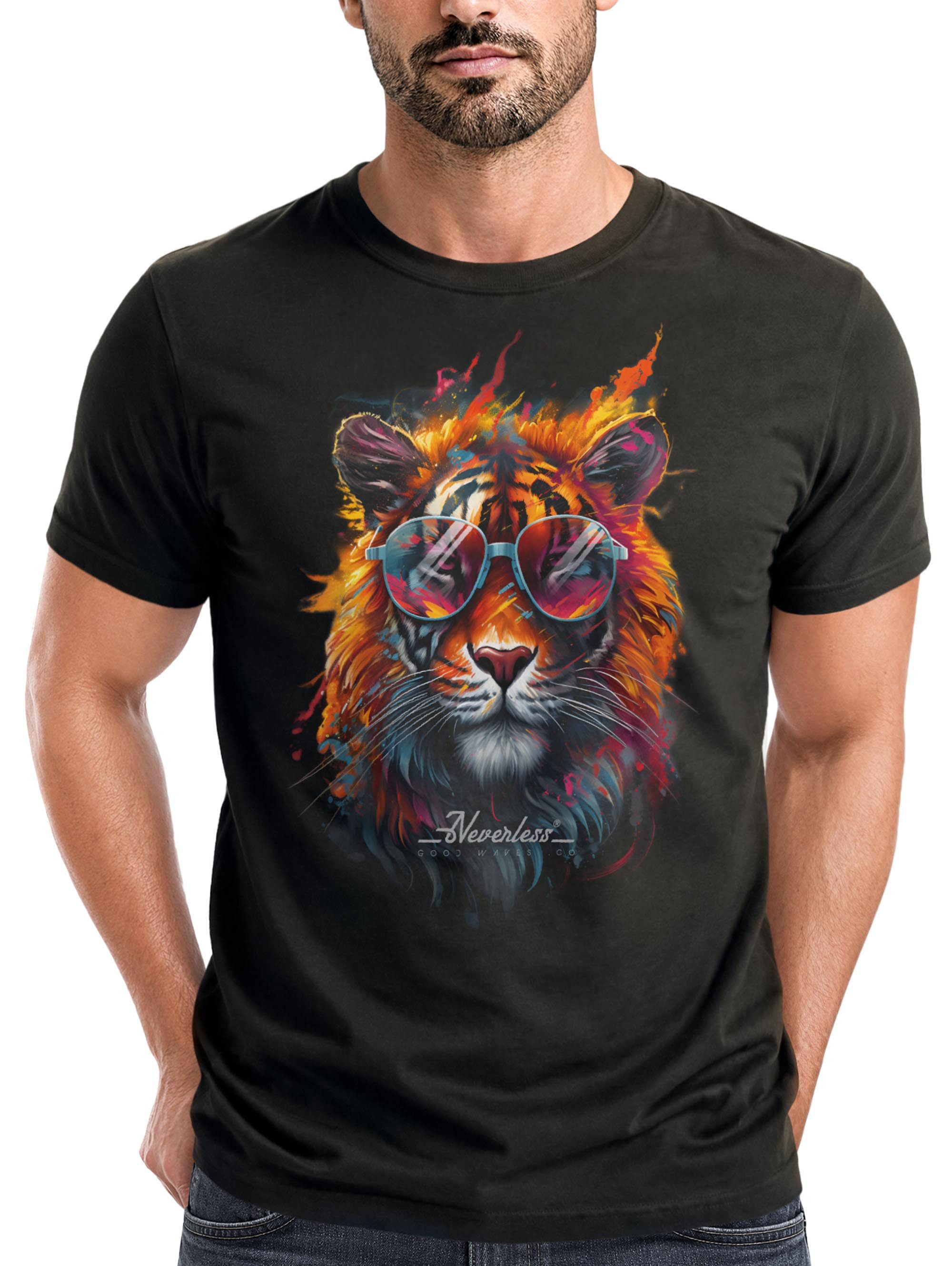 Print-Shirt Herren T-Shirt Tiger Print Aufdruck Flammen Sommer Sonnenbrille Kunst