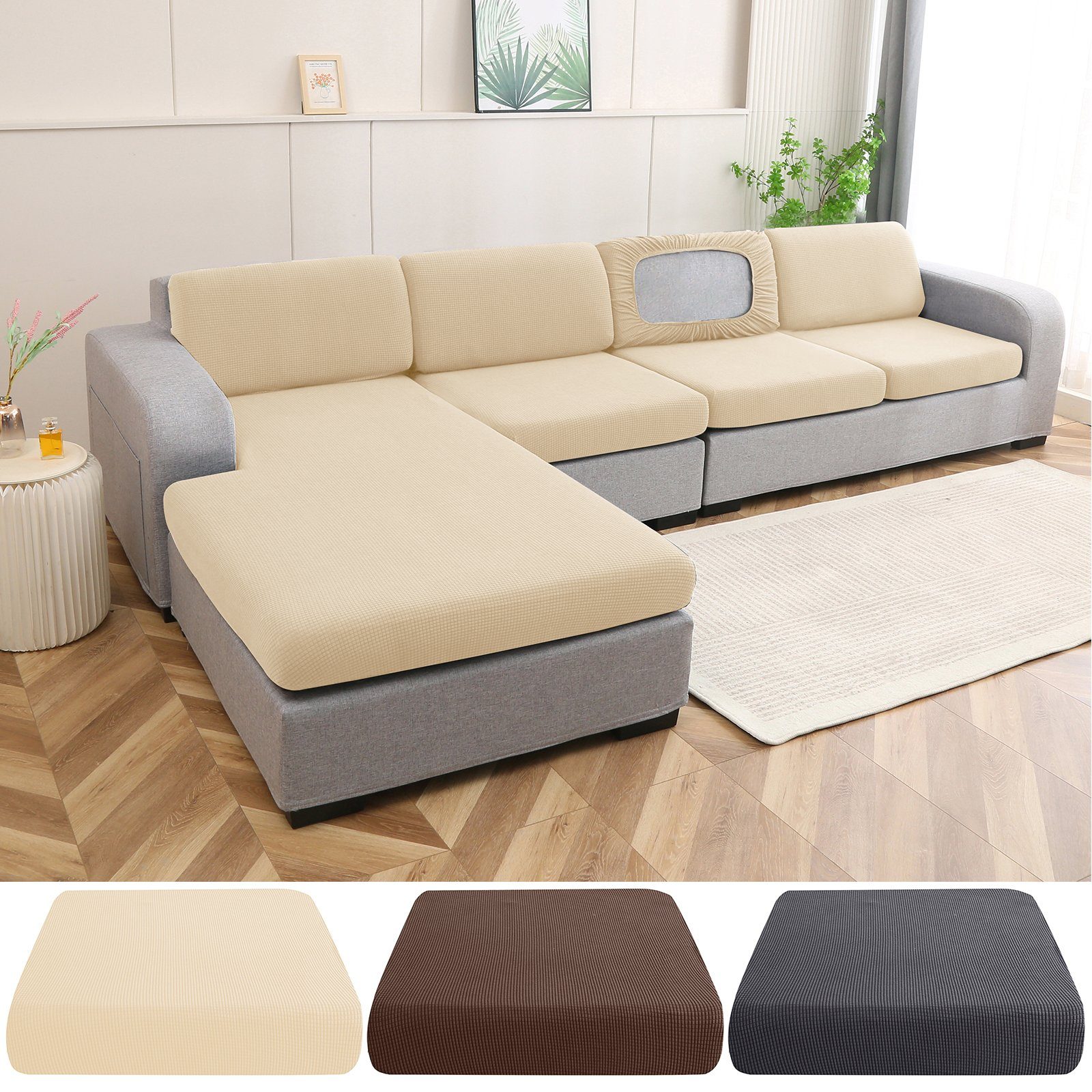 Sofahusse Sofabezug L Form 1/2/3/4 Sitz Stretch Wasser-und Schmutzabweisend, BTTO, Sitzkissenbezug Polyester mit Elastischer Unterseite Jacquard-Gewebe Beige