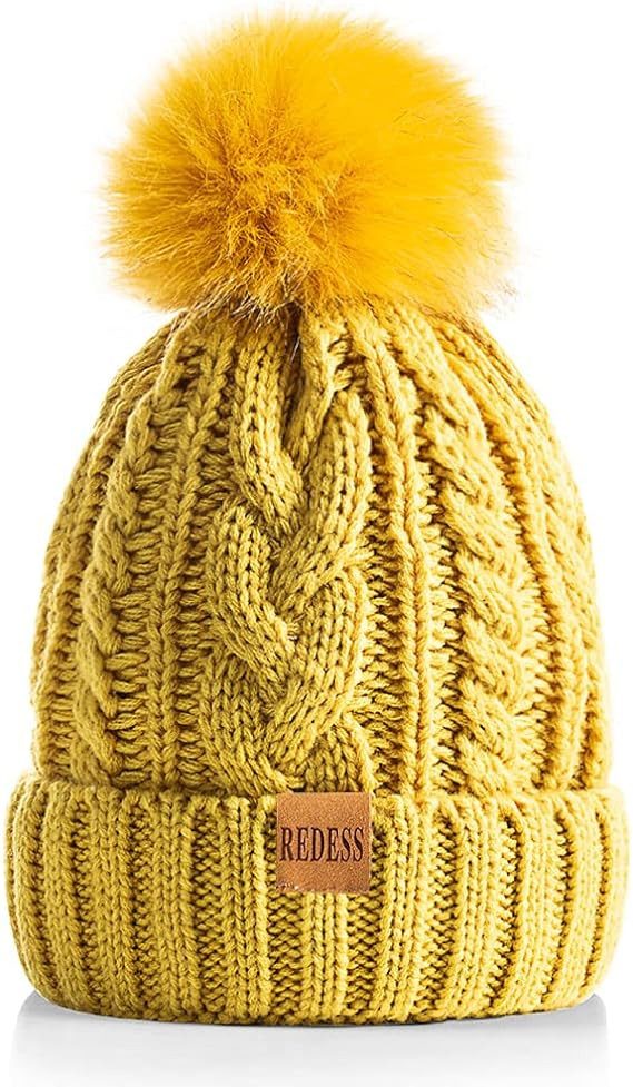 Mütze & Schal Bommelmütze Beanie Strickmütze Wintermütze Gefüttert Gelb-Bommel