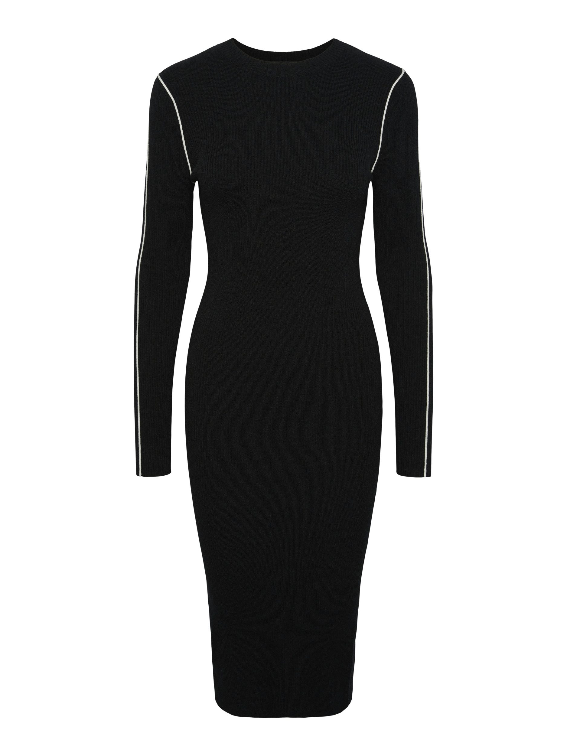 pieces Abendkleid PCFALKE LS SLIM PIPING KNIT DRESS B, Black/Cloud dancer piping