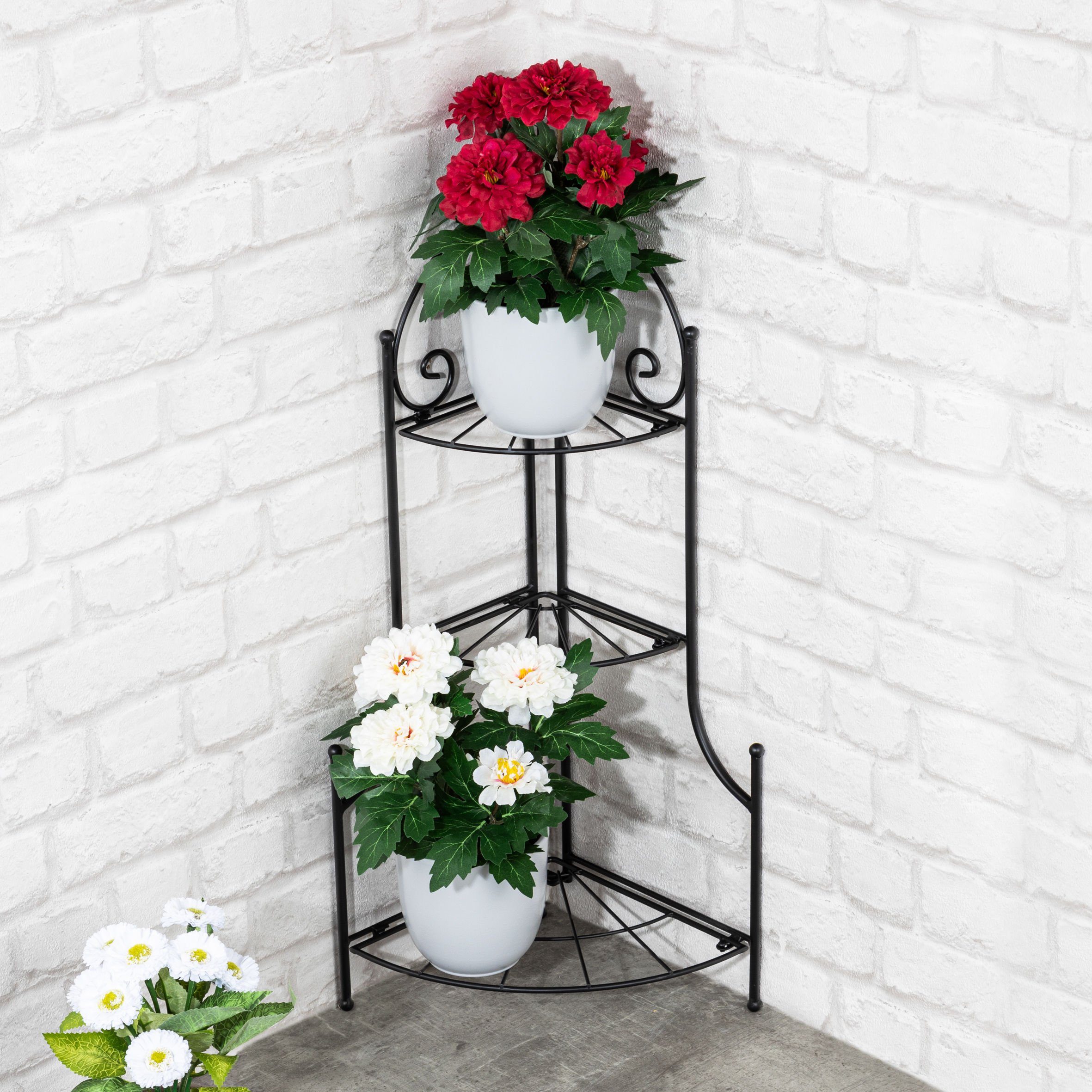 Spetebo Pflanzentreppe Metall Blumenregal schwarz mit 3 Ablagen - 65x23cm (einteilig, 1 St., vormontiertes Eckregal), Pflanzenregal Blumentreppe für Außen und Innen