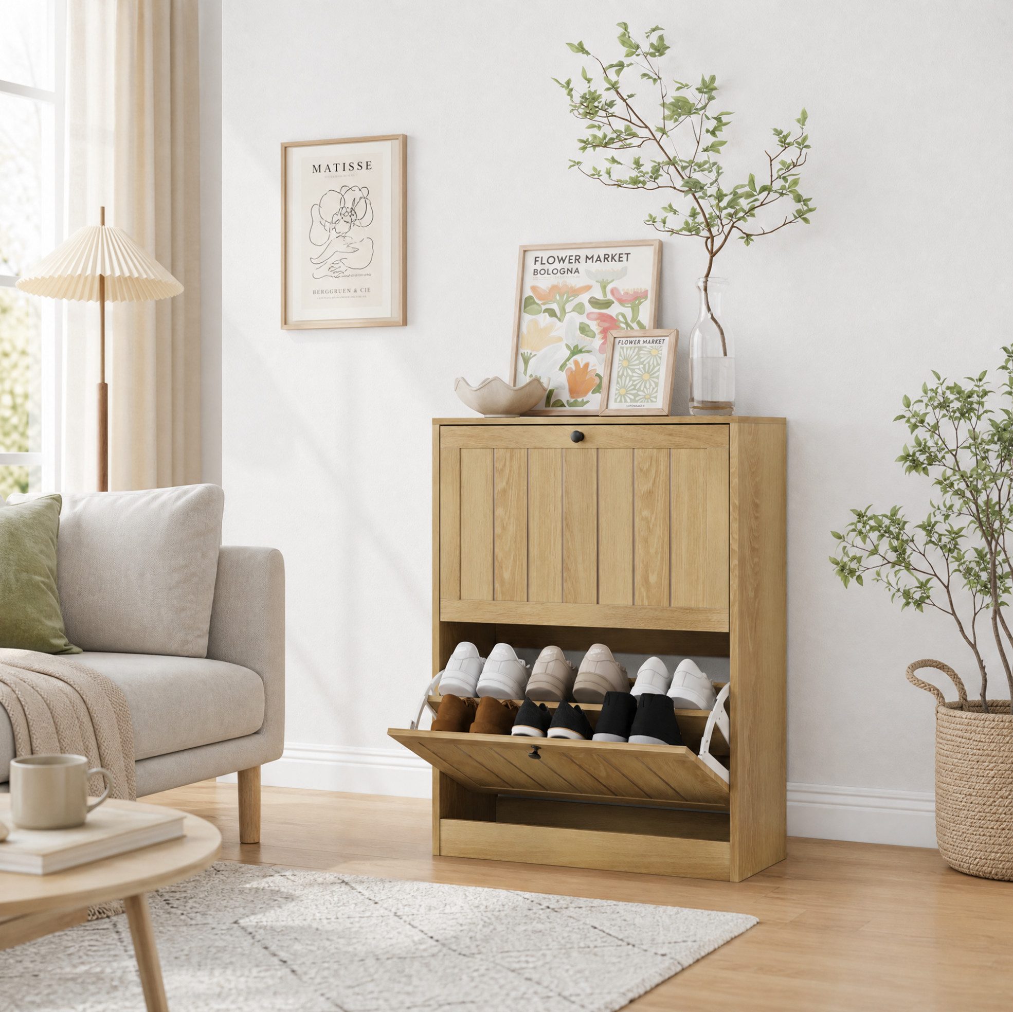 OKWISH Schuhschrank Freistehendes Schuhmöbel im Mid Century Modern Stil für Flur (Packung, 1-St., Schuhaufbewahrung mit verstecktem Stauraum für Eingangsbereich) Schuhkipper 60 cm Eichenfarben mit 2 Klappschubladen