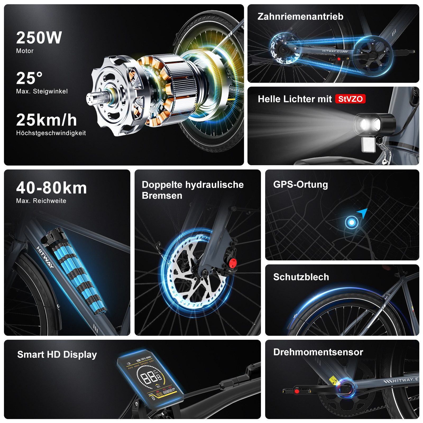 HITWAY E-Bike Cityrad 700C Elektrofahrrad,36V 10,4Ah Akku, Bis zu 80 km Reichweite, Kettenschaltung, 250W Heckmotor, 374,4 Wh, E-Rennrad, StVZO Citybike für Damen und Herren mit GPS APP