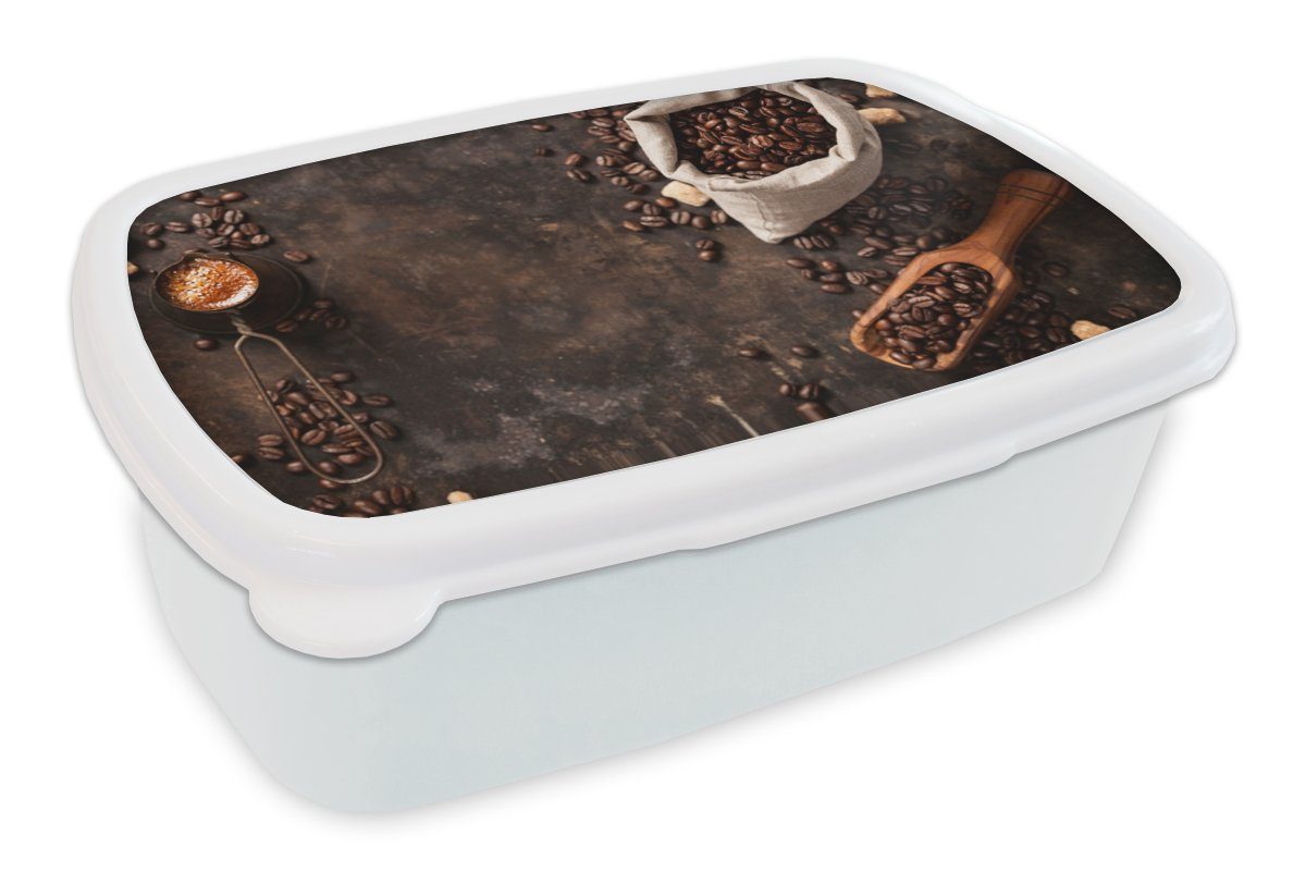 MuchoWow Lunchbox Kaffeebohnen - Kaffee - Beutel, Kunststoff, (2-tlg), Brotbox für Kinder und Erwachsene, Brotdose, für Jungs und Mädchen weiß